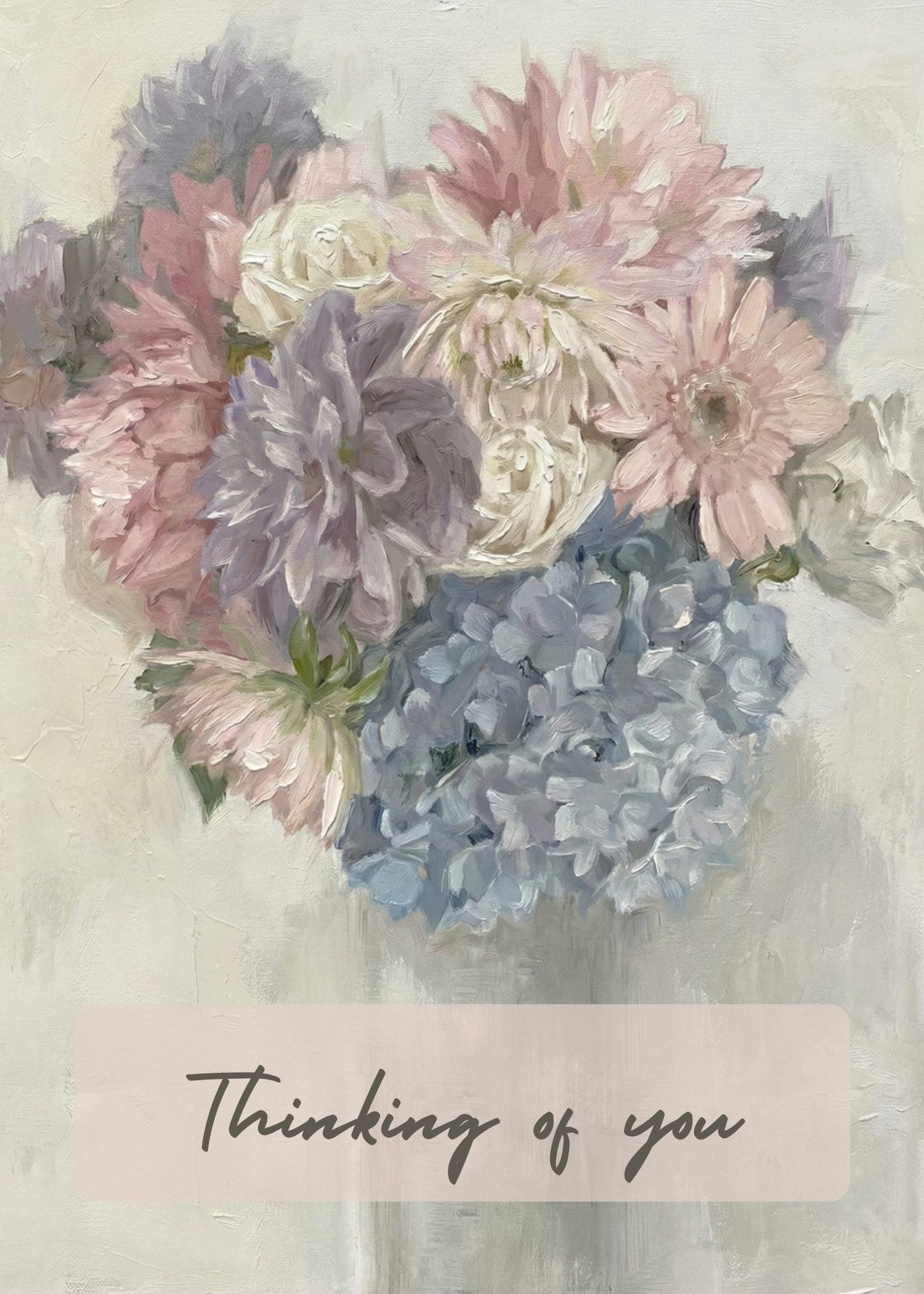 A pastel-colored painting of a bouquet of pink, purple, white, and blue flowers with a soft background, with the words "Thinking of you" written at the bottom.