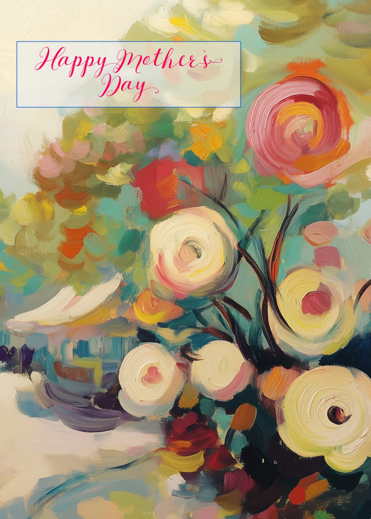 An abstract painting of a bouquet of flowers with the message 'Happy Mother’s Day' written in pink cursive text in the upper left corner.