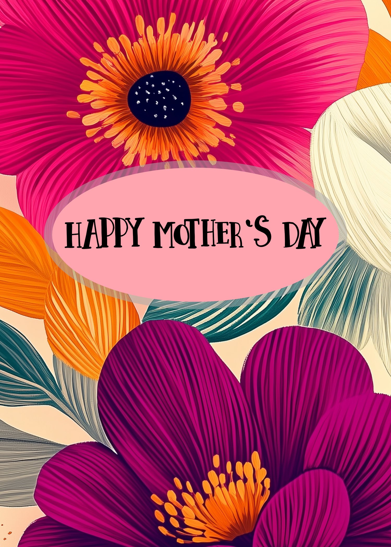 Colorful floral background with pink, purple, orange, white, and green flowers surrounding a pink oval containing the text 'Happy Mother's Day'.