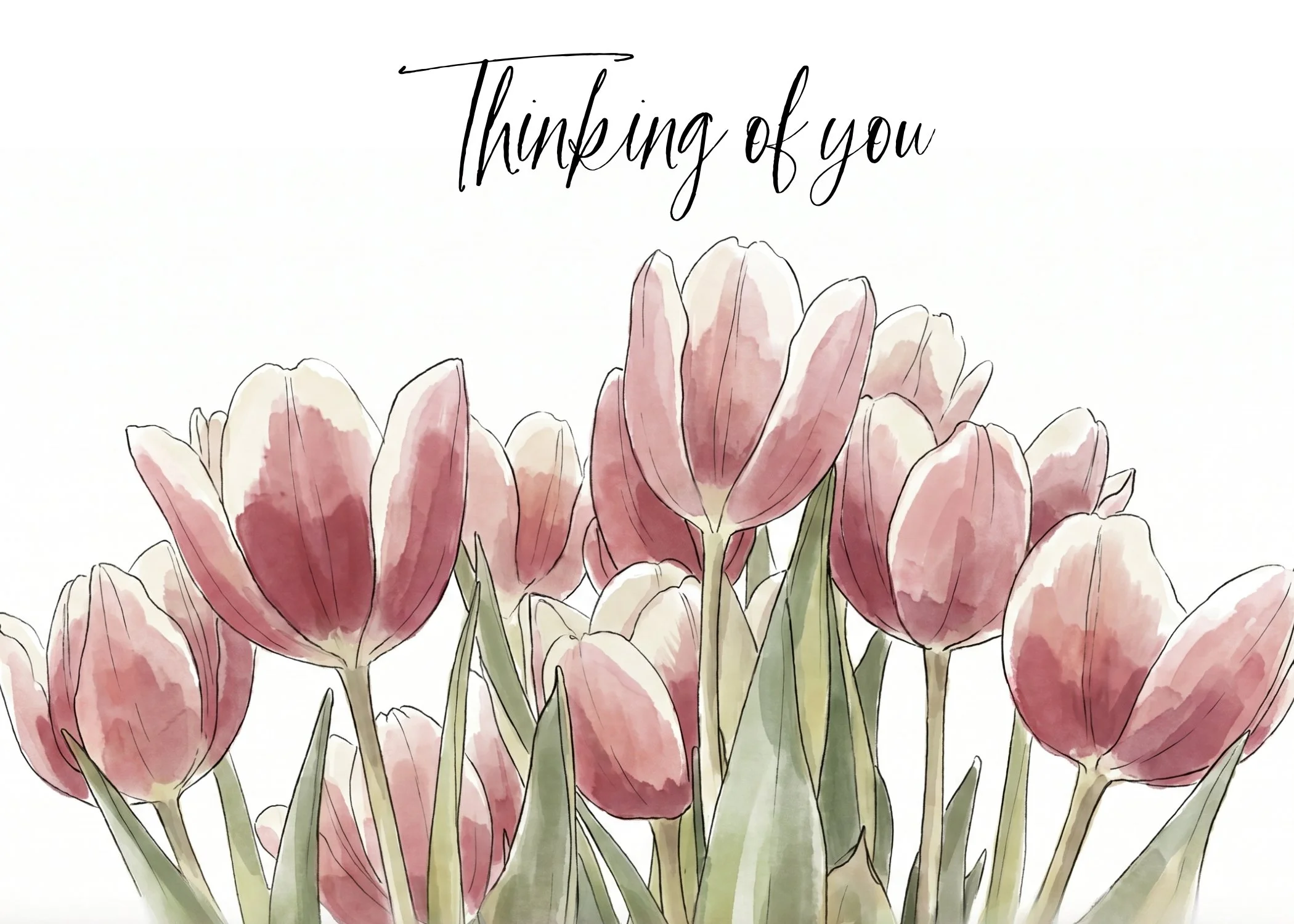 Watercolor illustration of pink tulips with the words 'Thinking of you' written above.