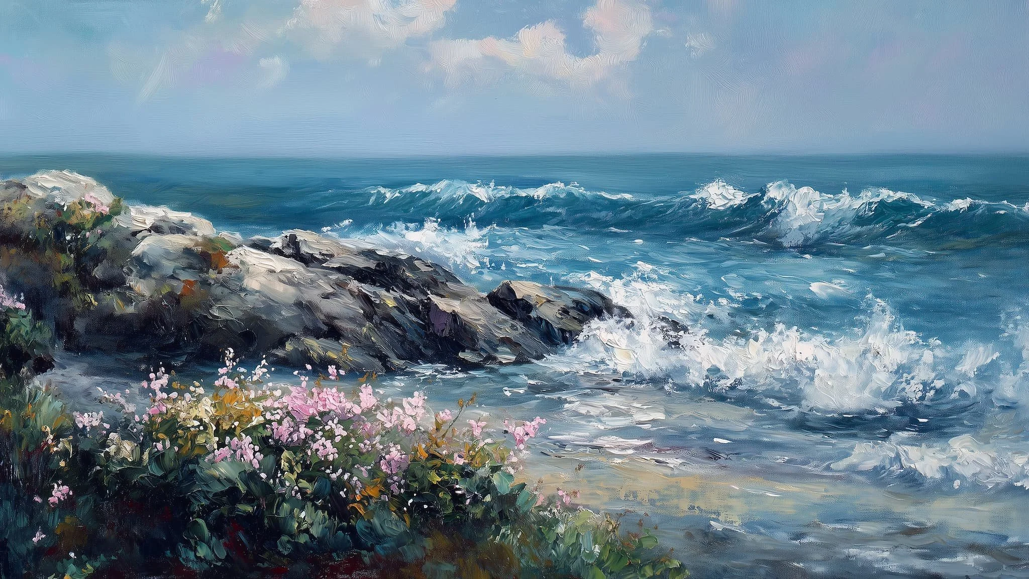 Ocean Waves and Pink Flowers Free Frame TV Art TV-26033