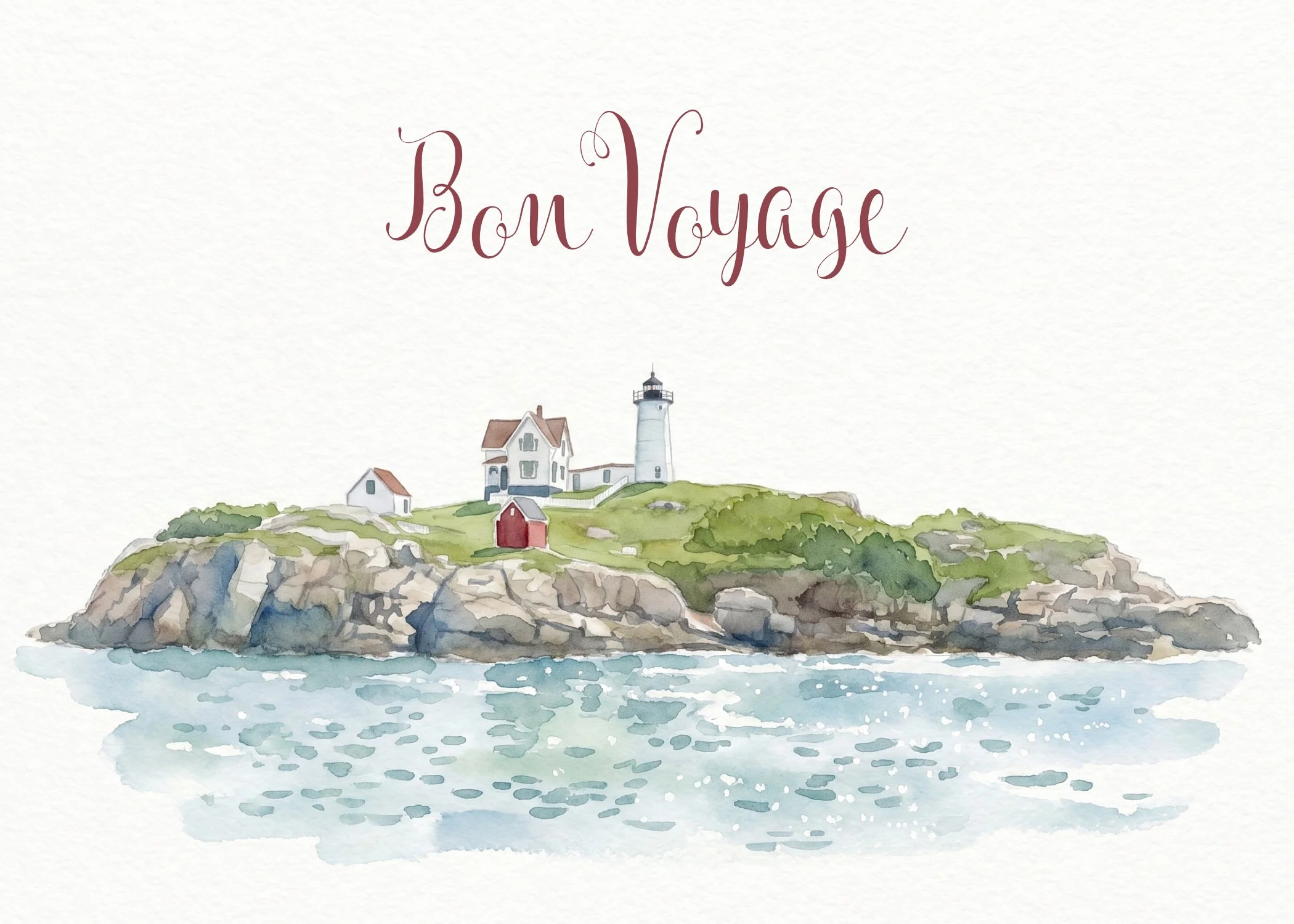 Watercolor illustration of a lighthouse on a rocky island with houses, surrounded by water, and the words 'Bon Voyage' in script font above.