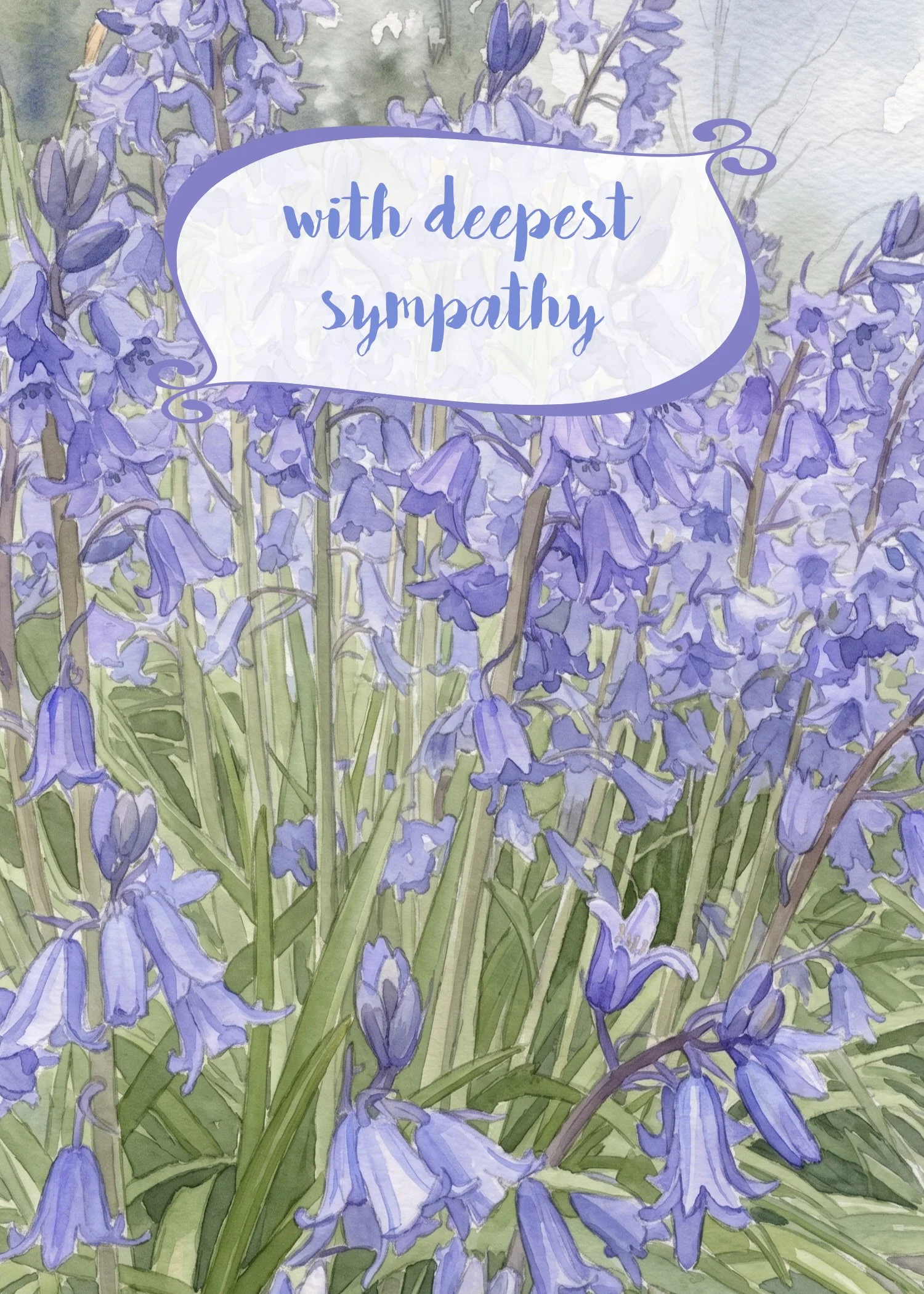 Watercolor illustration of bluebell flowers with a quote bubble saying 'with deepest sympathy'.