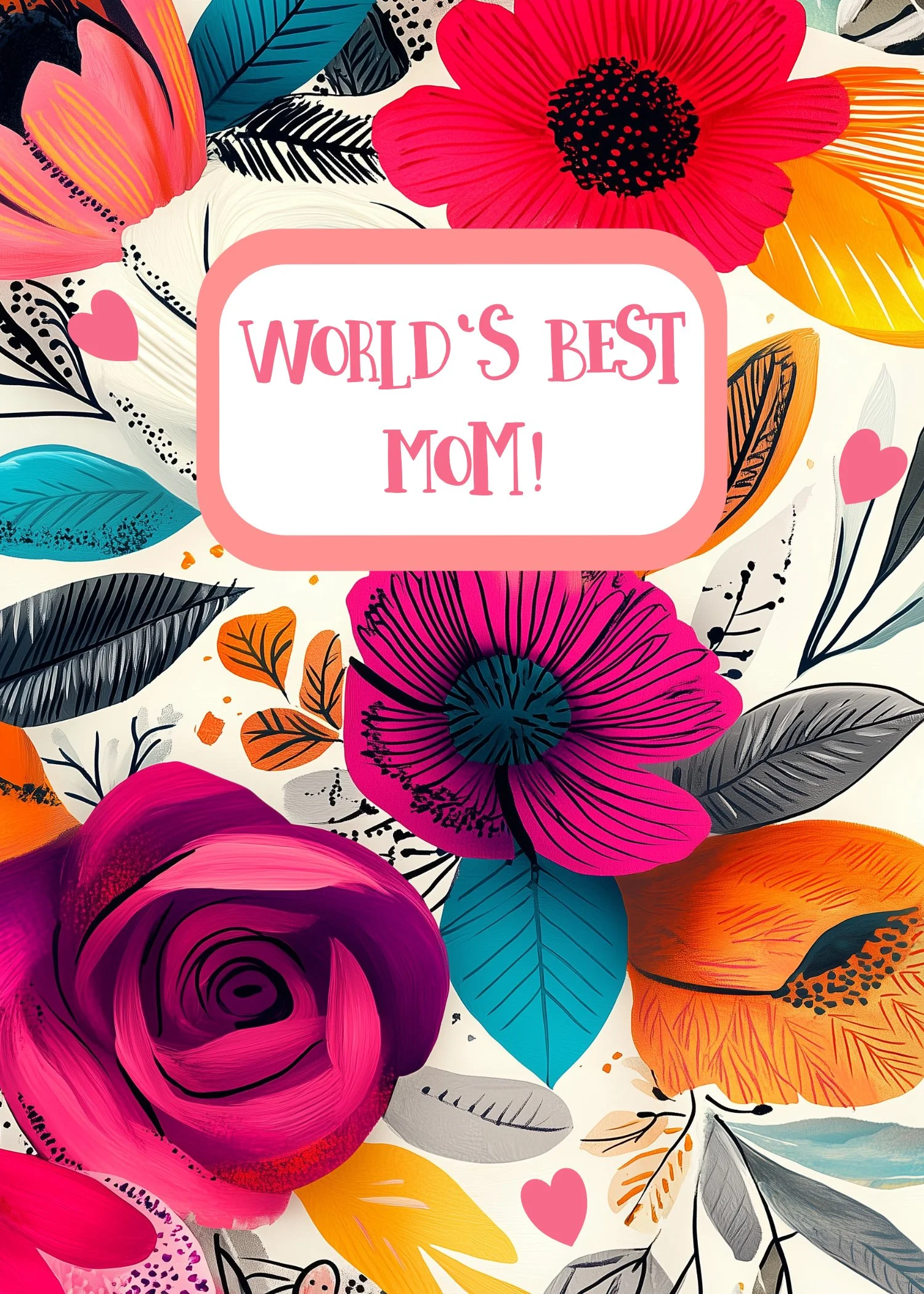 Colorful floral background with pink, orange, blue, black, gray, and white leaves and flowers, with a pink ribbon border text box in the center that reads "World's Best Mom!" in pink letters.