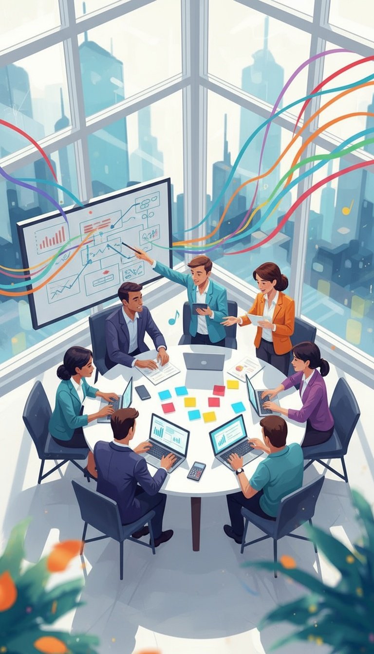 Business professionals in a conference room with large windows, discussing graphs on a screen and working on laptops.