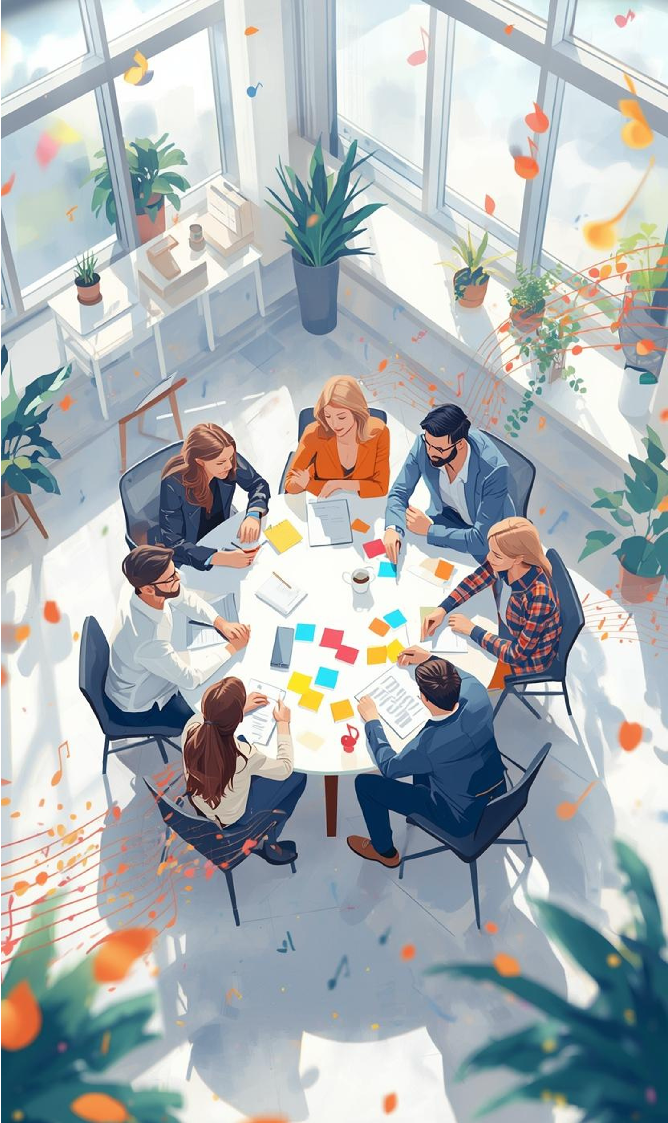 A group of eight diverse people gathered around a round table in a bright conference room with large windows and potted plants, engaged in a collaborative meeting with colorful sticky notes and documents.