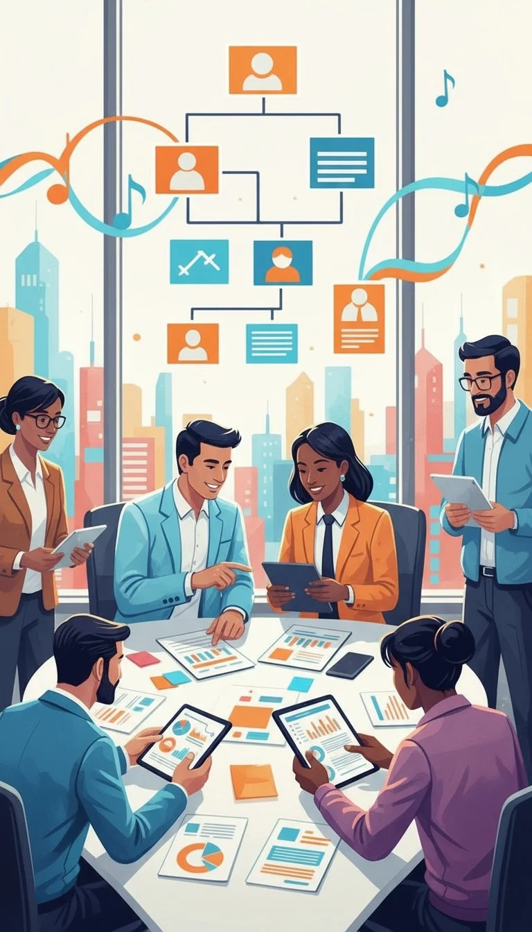 Business meeting with professionals working on tablets and documents, with a city skyline and organizational chart in the background.