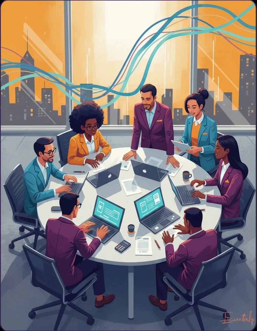 A diverse group of professionals engaged in a business meeting in a high-rise office with a city skyline and colorful graph lines outside the window.