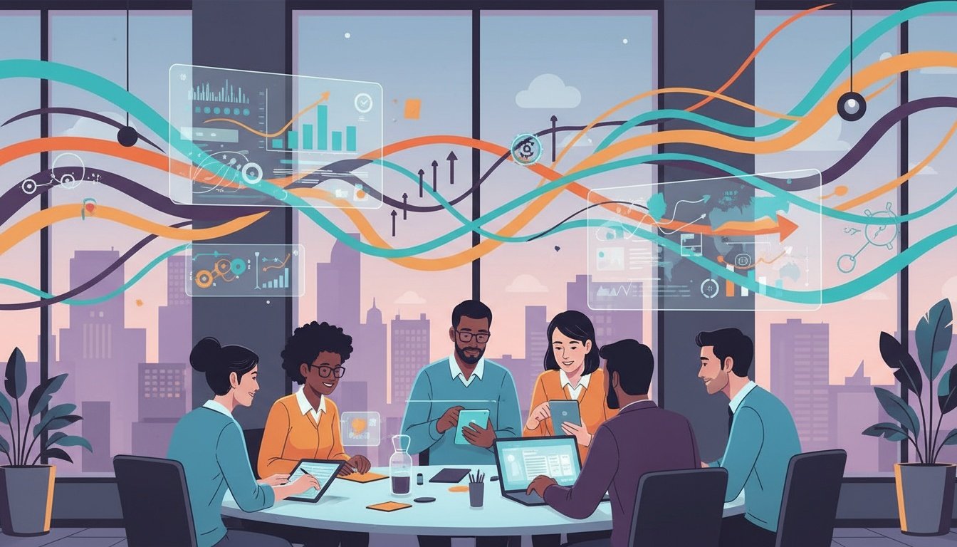 A diverse group of six business people sit around a conference table in a modern office, working on digital devices. Large windows behind them overlook a city skyline. Overlaid holographic charts and graphs with colorful lines and data visuals float above, indicating data analysis and business strategy.