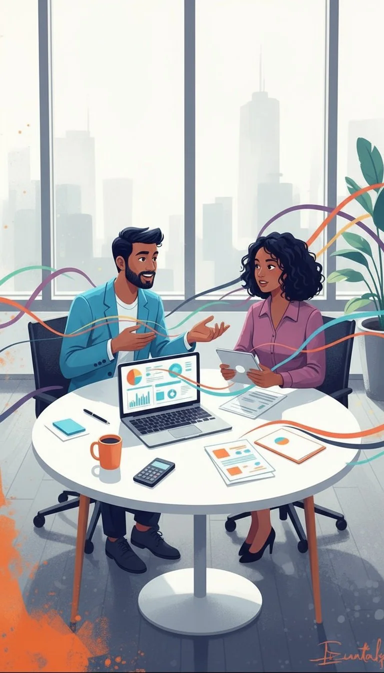 Two professionals, a man with a beard and a woman with curly hair, are sitting at a round table in a modern office with large windows and a cityscape view. They are discussing, with charts and documents on the table, a laptop displaying graphs, and various office supplies around.