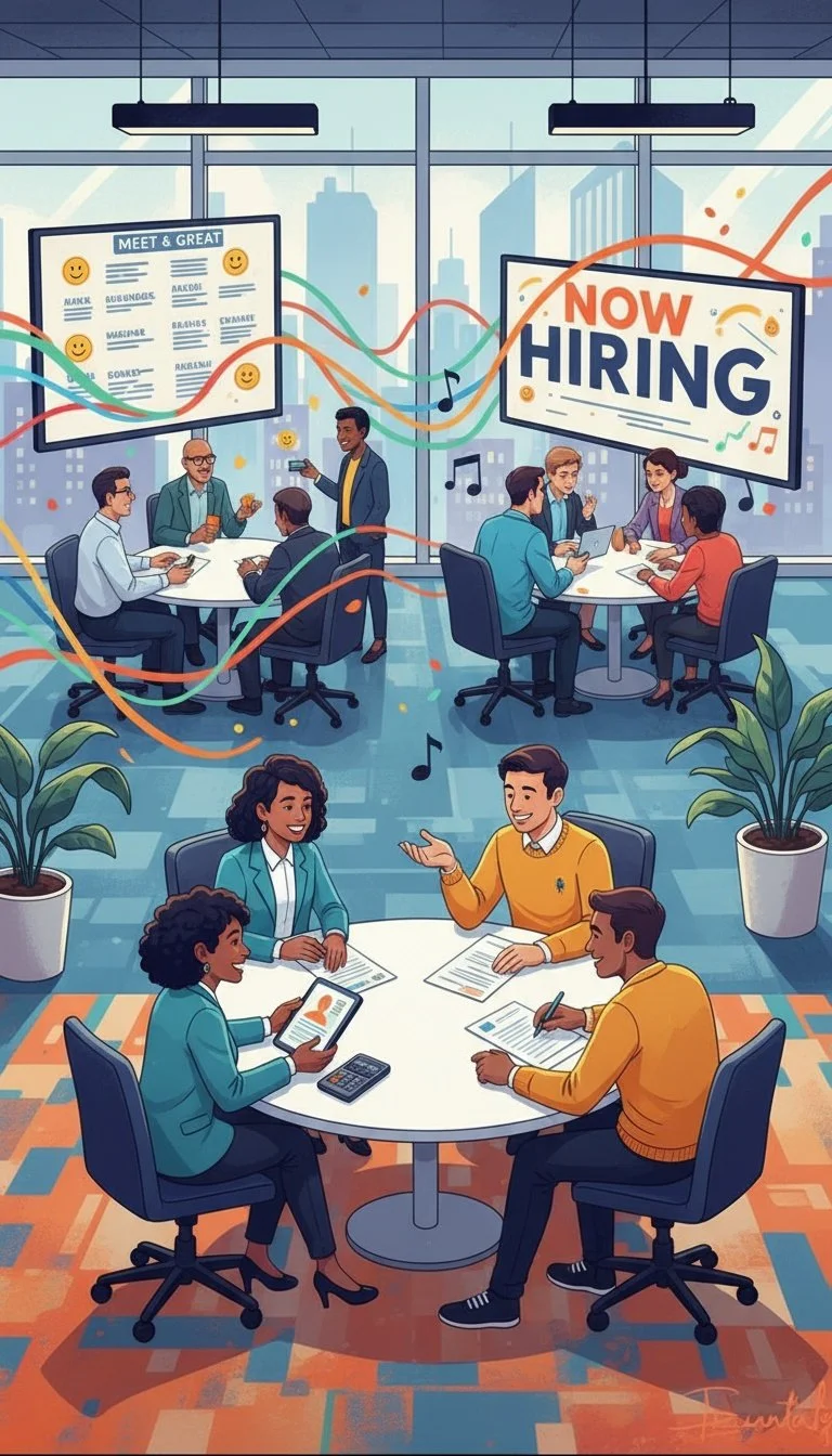 Office scene with diverse employees during a hiring event or interview process. Large windows with cityscape, signs reading 'Now Hiring' and 'Meet & Greet', and people engaging in conversations.