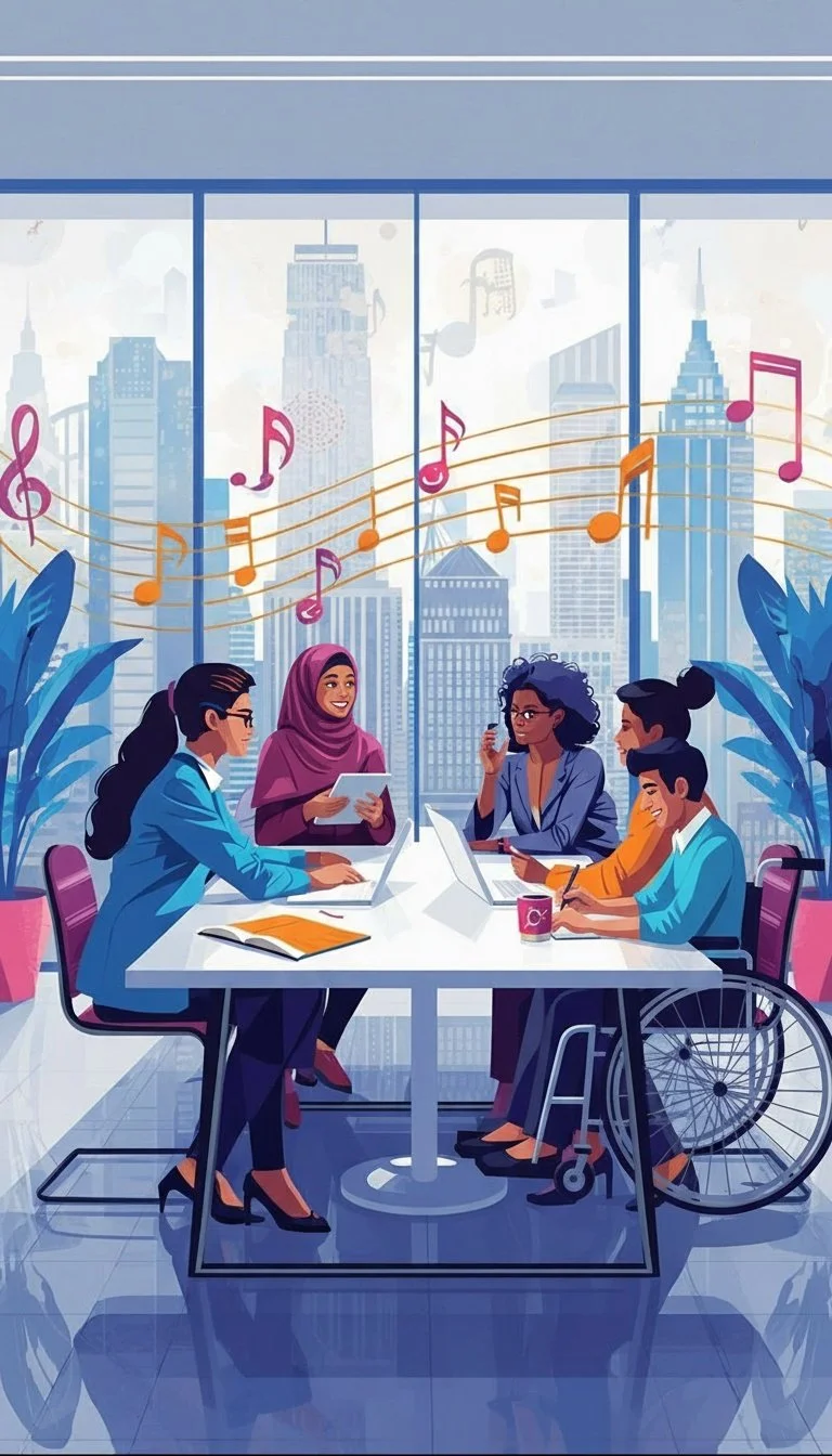 Four diverse women sitting around a table in a modern office with a city skyline visible through large windows. They are working on laptops, with one woman in a wheelchair, and others holding documents or smartphones. Colorful musical notes and a cityscape with skyscrapers are in the background.