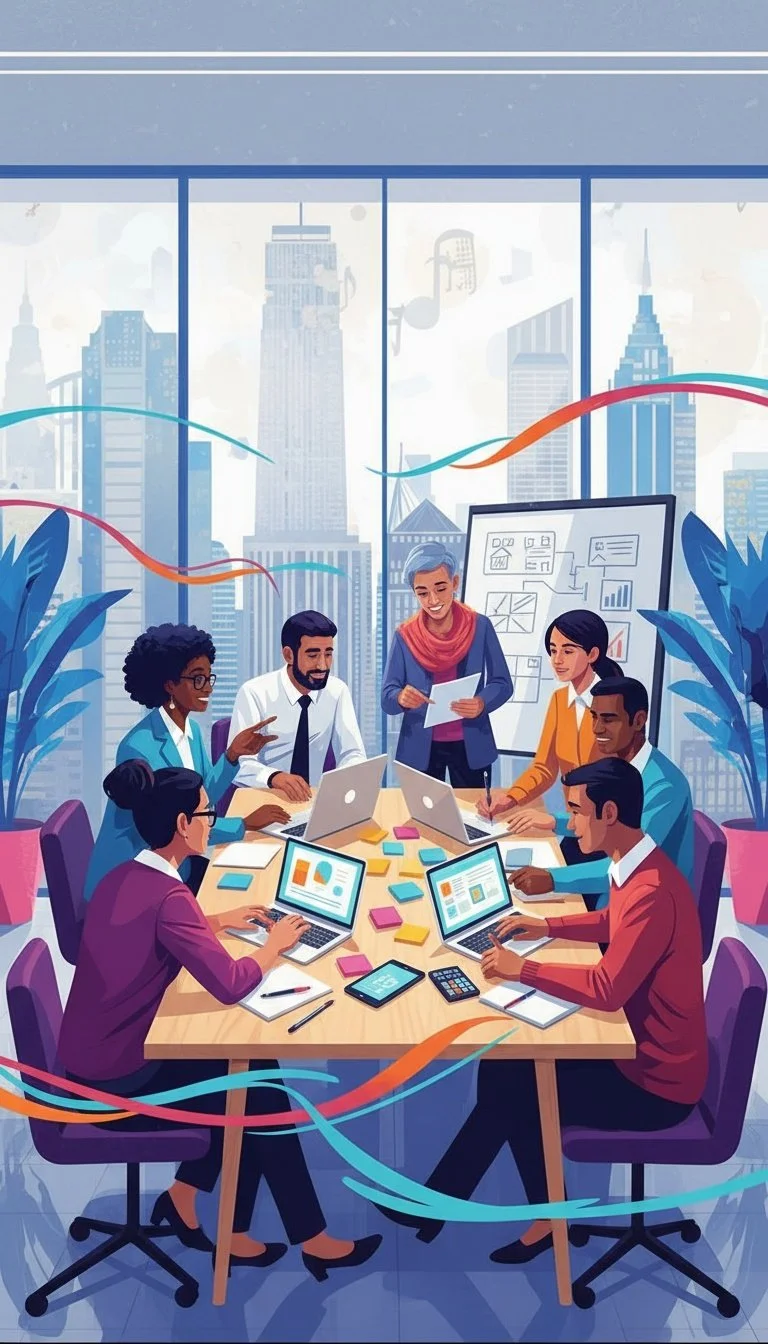 A diverse group of six business professionals in a modern office, working on laptops and discussing around a table, with a woman standing and presenting in front of a whiteboard with charts, set against a city skyline through large windows.