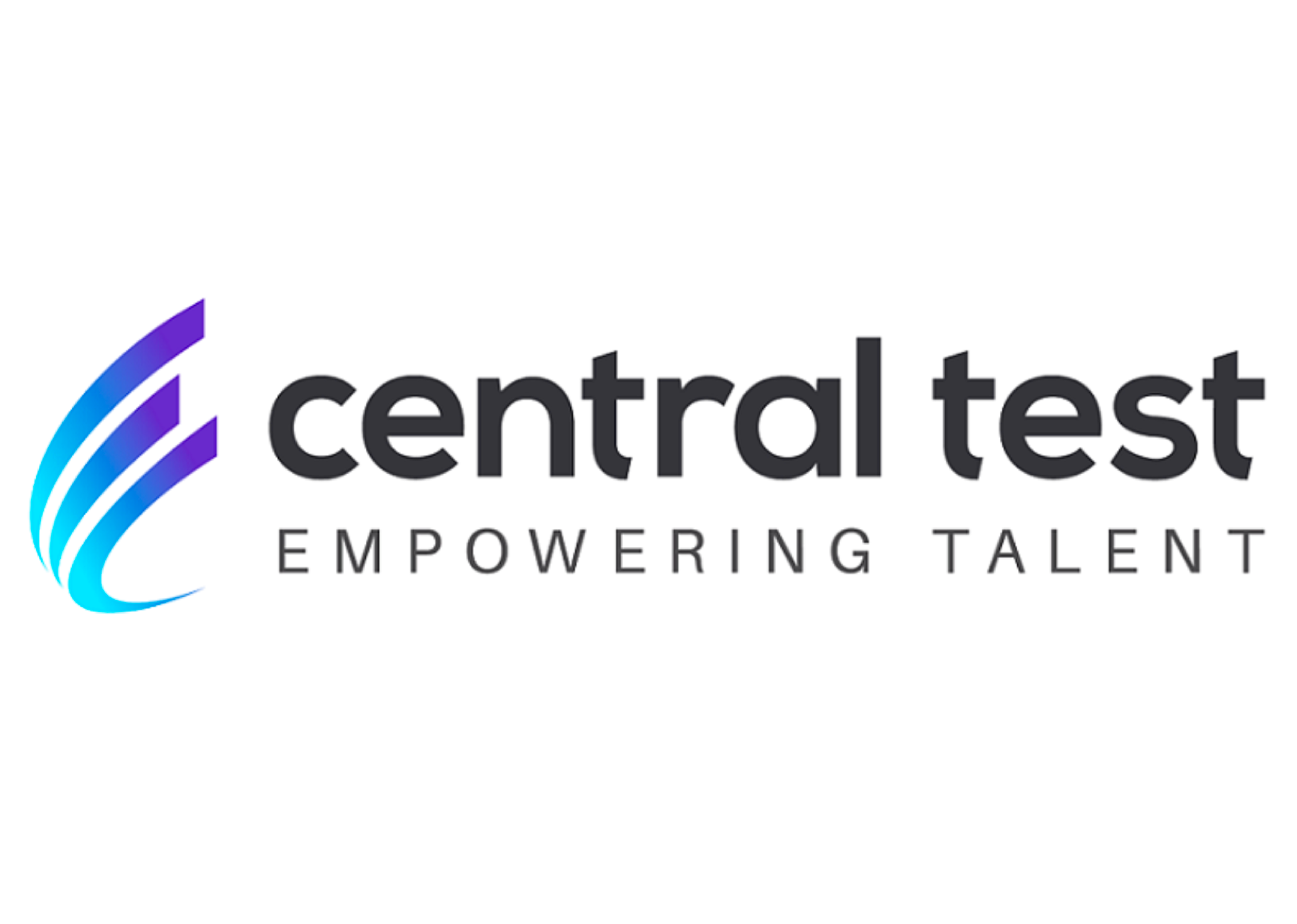 Logotipo de Central Test con el lema 'Empowering Talent' y un ícono abstracto de líneas curvas en tonos azul y púrpura.