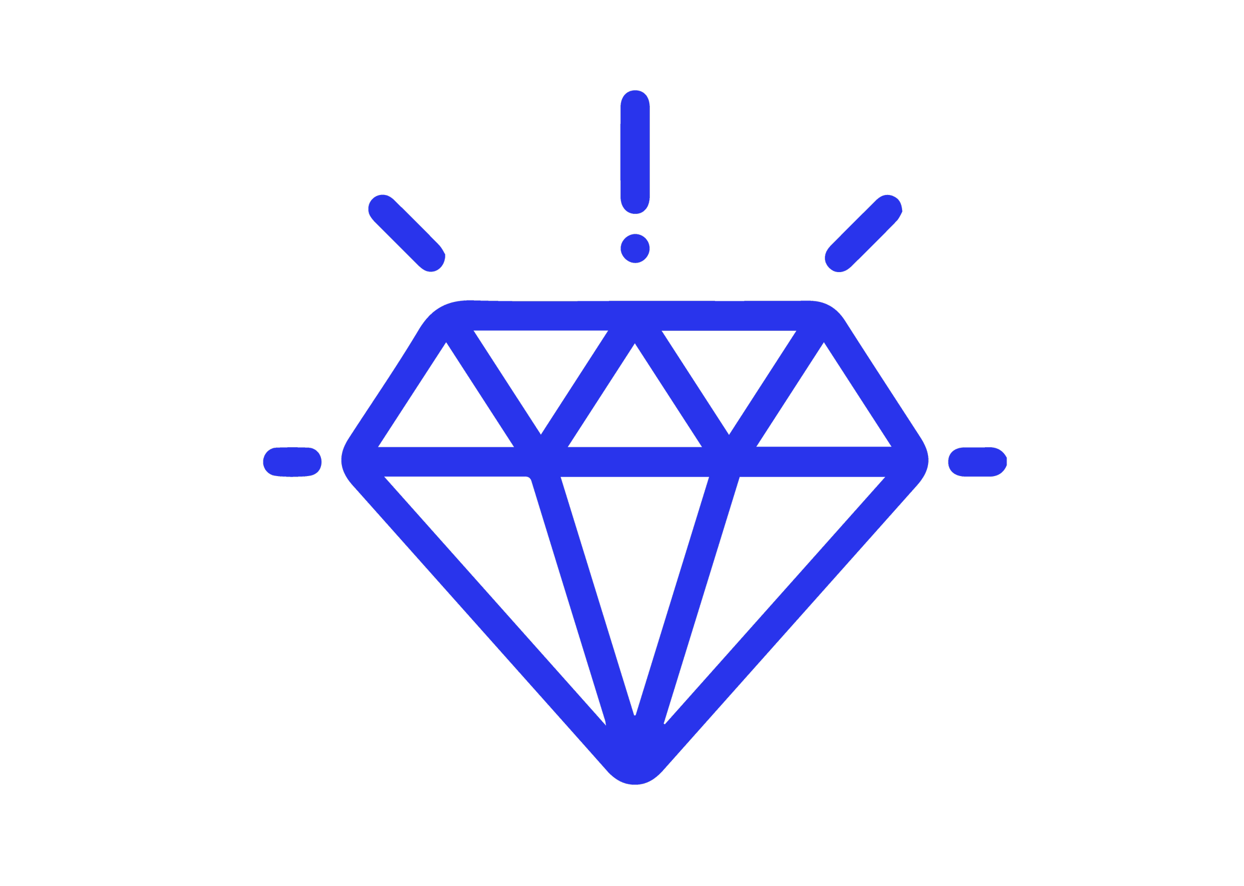 Icono de un diamante brillante en color azul con líneas y puntos que representan brillo o resplandor.