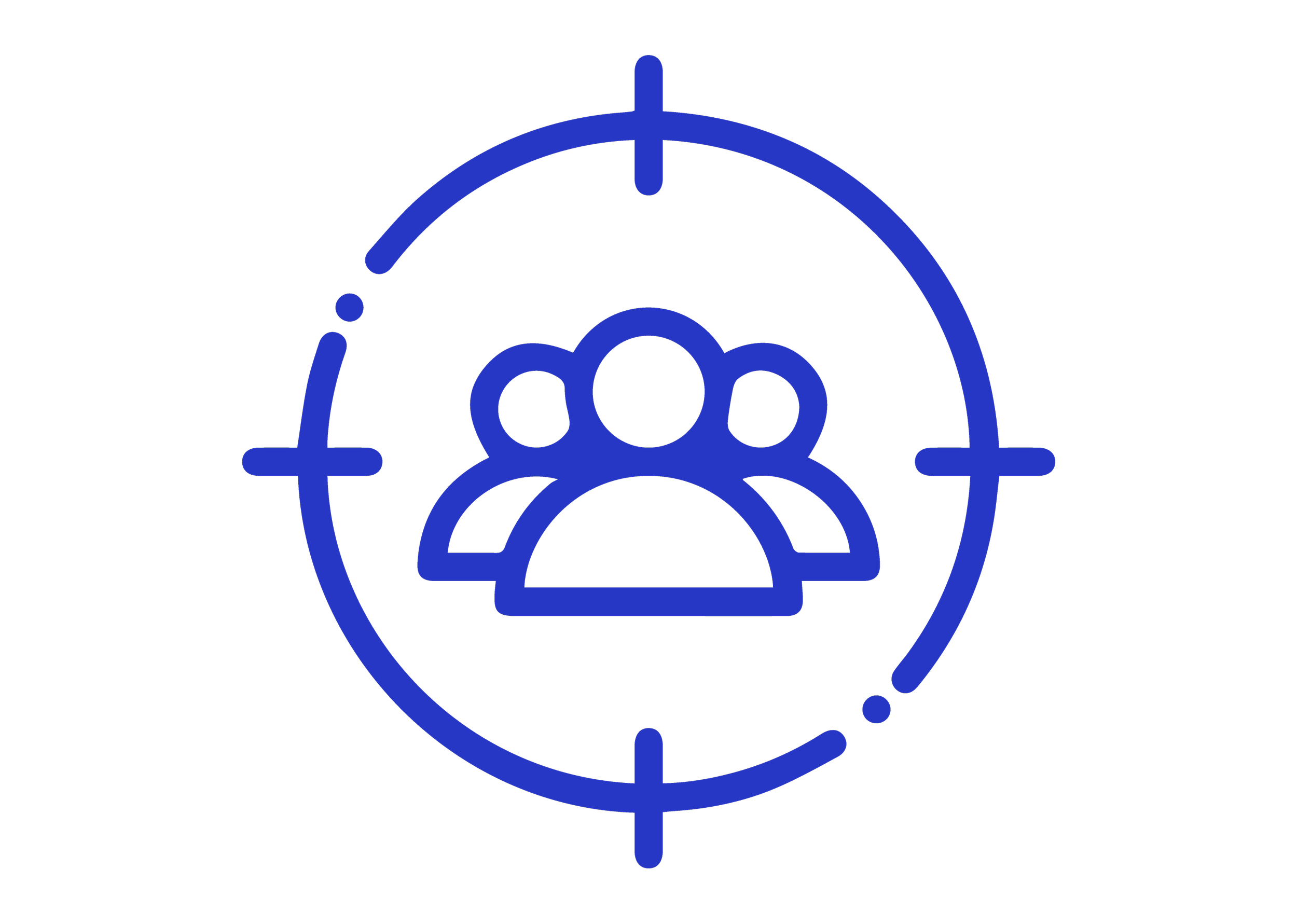 Icono de un grupo de personas en un objetivo o mira de color azul.