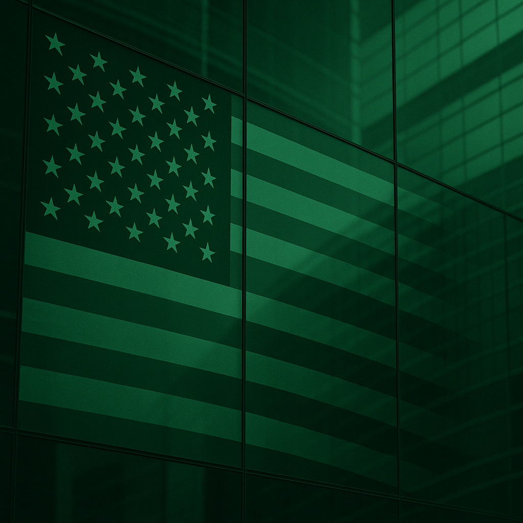 Glass building with the American flag reflected on its surface.