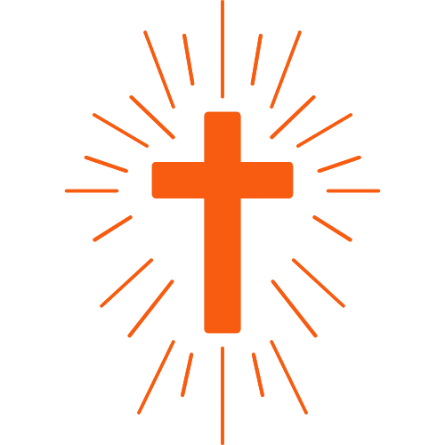 Orange cross with radiating lines around it.