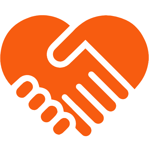 An illustration of two hands shaking, forming a heart shape, with an orange background.