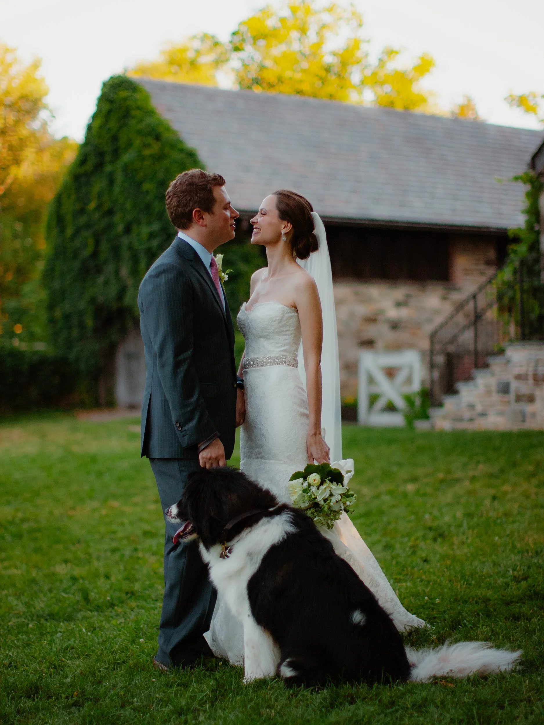 A bride and groom stand face to face on a green lawn, with a large black and white dog sitting in front of them. The bride holds a bouquet, and they look at each other with smiles. Behind them is a stone building with greenery and trees, suggesting a