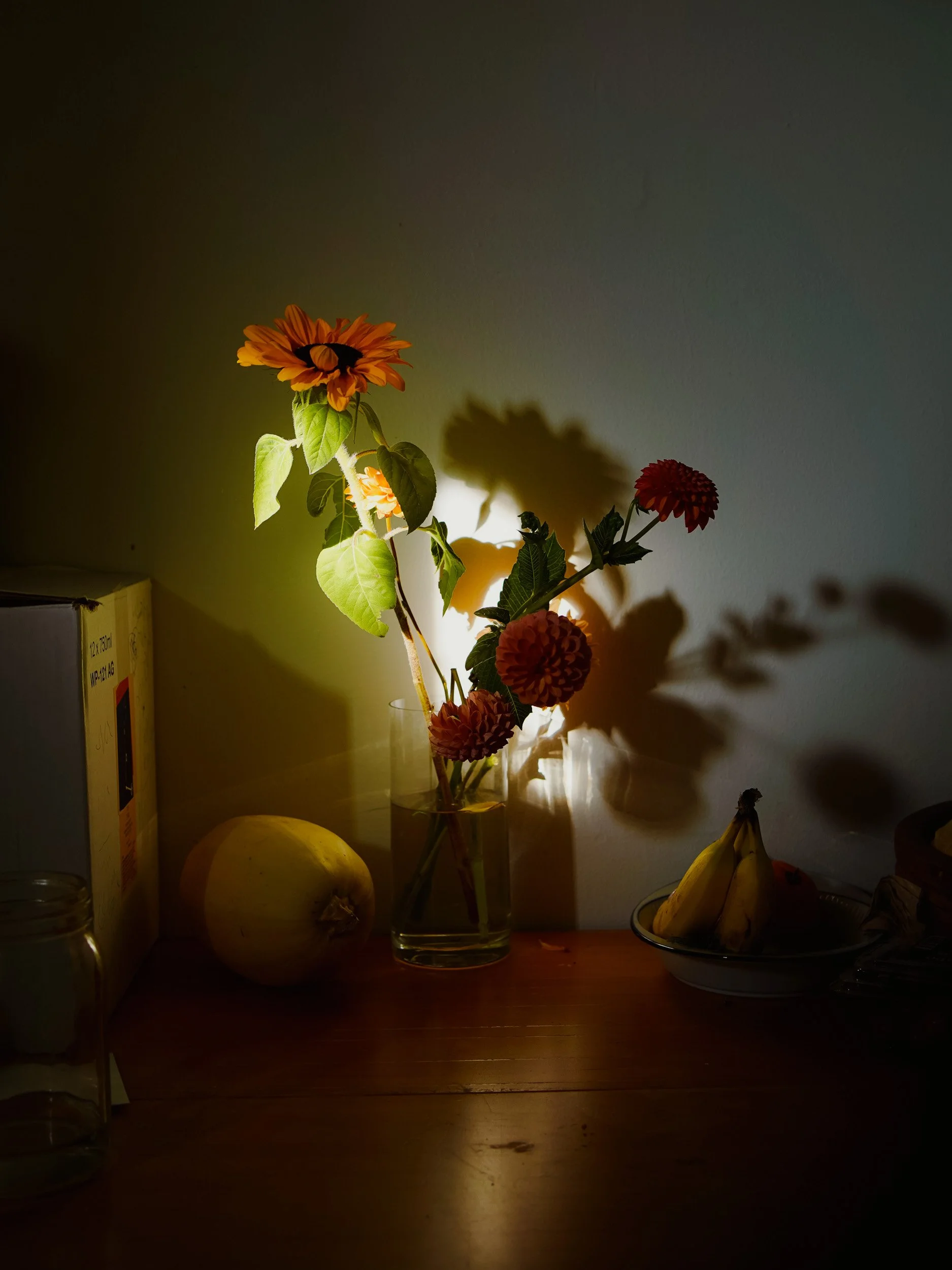 A still life scene with a glass vase holding flowers, a banana, an onion, and a box on a wooden surface, illuminated by a warm light creating shadows on a plain wall.