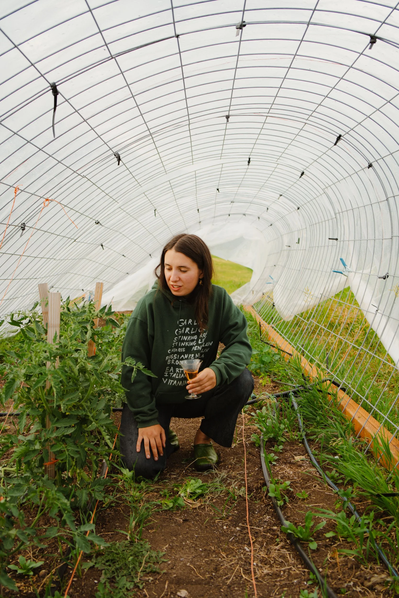 A young woman crouches in a greenhouse with tomato plants, holding a glass of wine, surrounded by plants and gardening equipment.