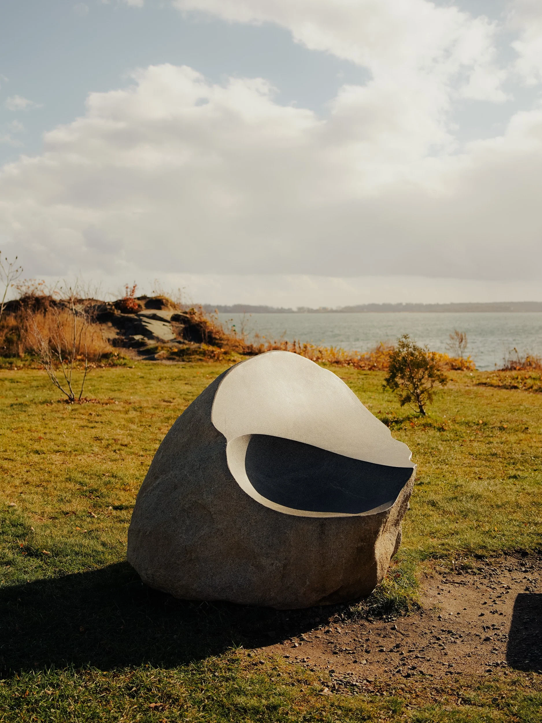 Sculpture of a whale's head on a large rock in a grassy outdoor area with water and cloudy sky in the background.