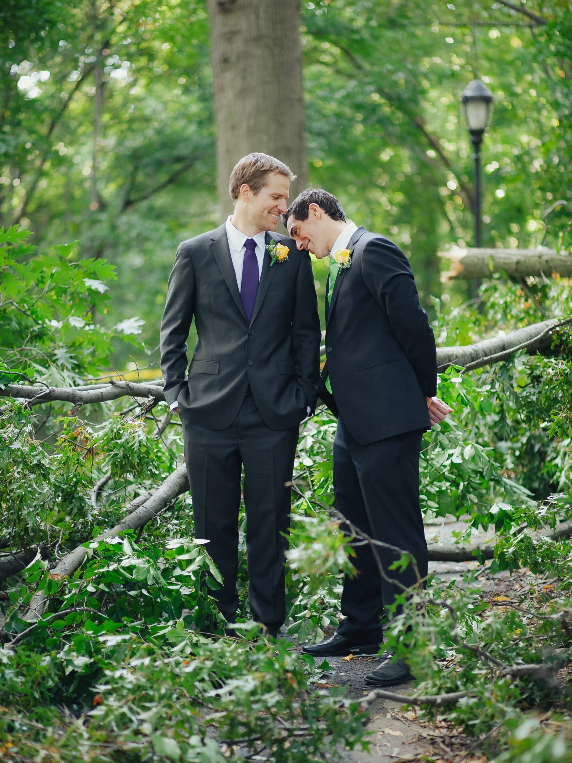 Two men in suits, standing on a fallen tree in a lush green park, sharing a tender moment with their foreheads touching, both smiling.