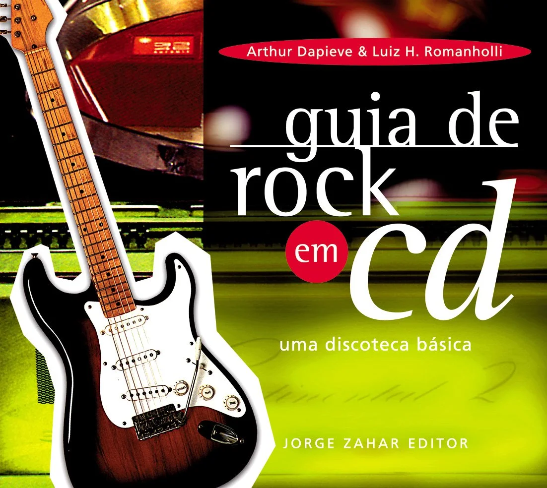 Book cover titled 'Guia de Rock em CD: uma discoteca básica,' edited by Jorge Zahar, featuring an electric guitar with a wooden fretboard on the left, and a background with blurred colorful lights