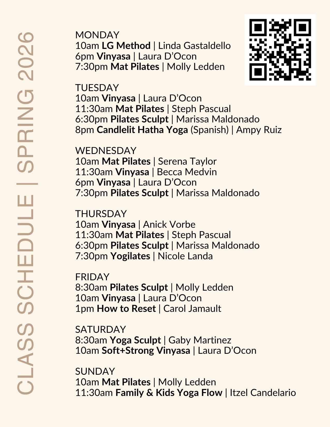 Spring 2023 class schedule for fitness and yoga classes, including days, times, class names, instructors, and a QR code.