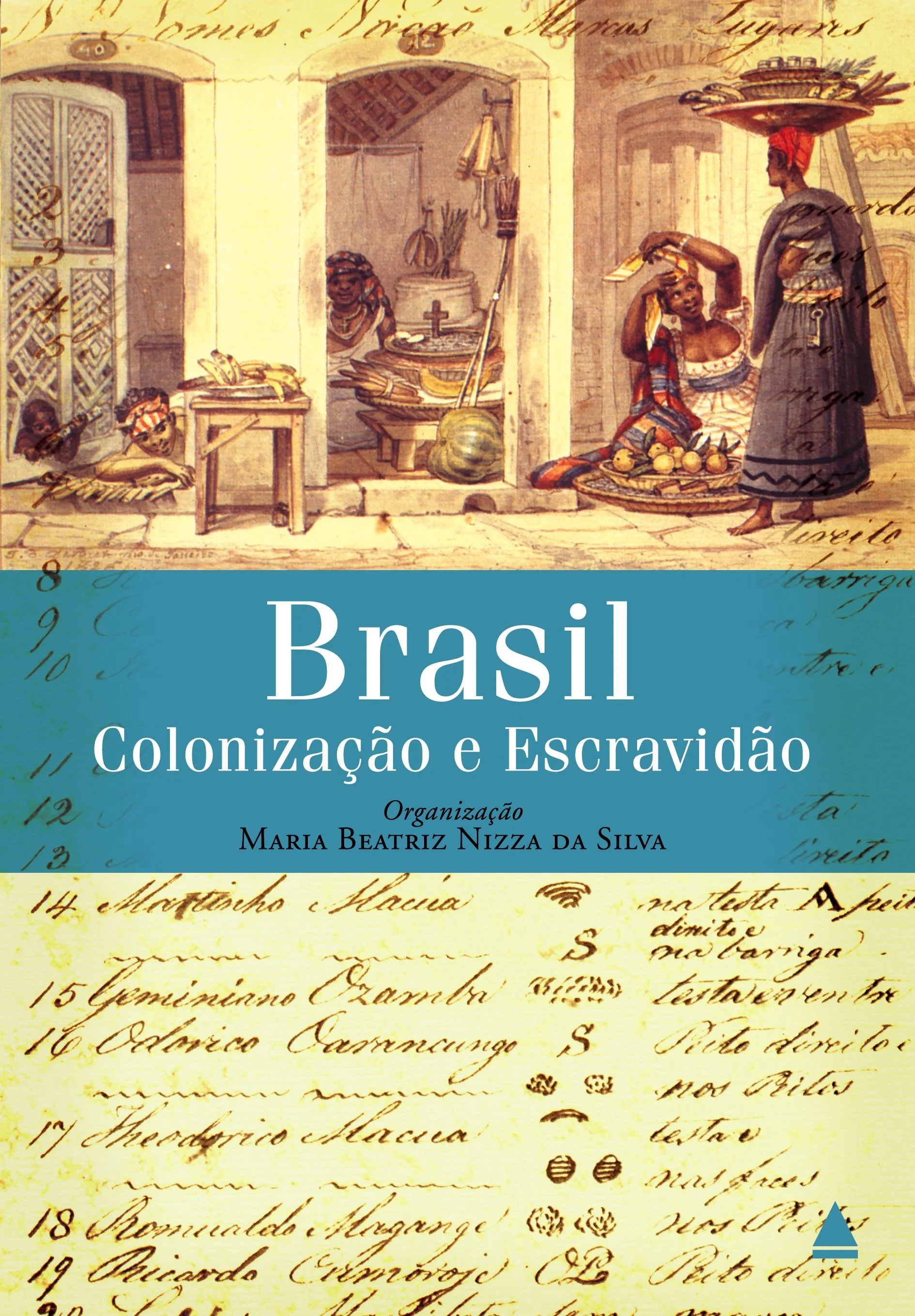 An illustration of a colonial marketplace in Brazil with vendors and customers, featuring produce, traditional clothing, and a building facade.