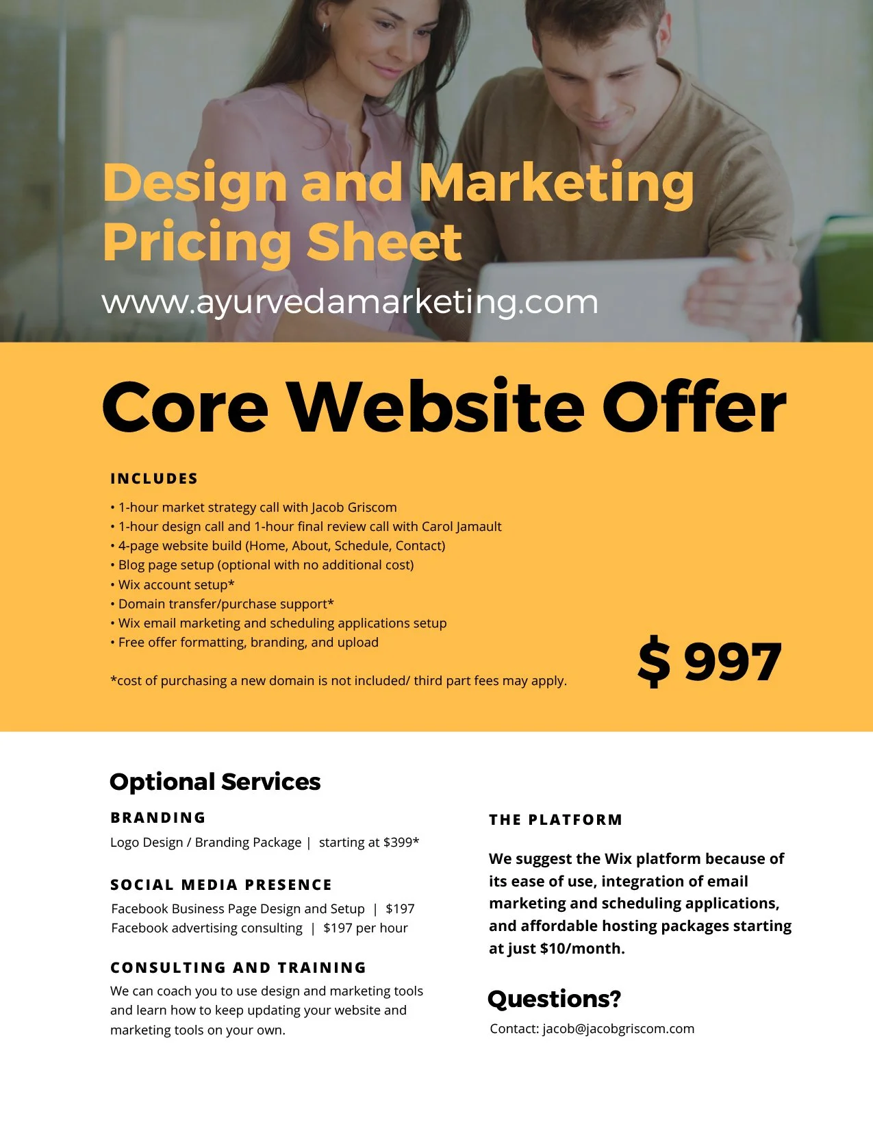 A promotional flyer for website design and marketing services, with text detailing services, pricing, and contact information.