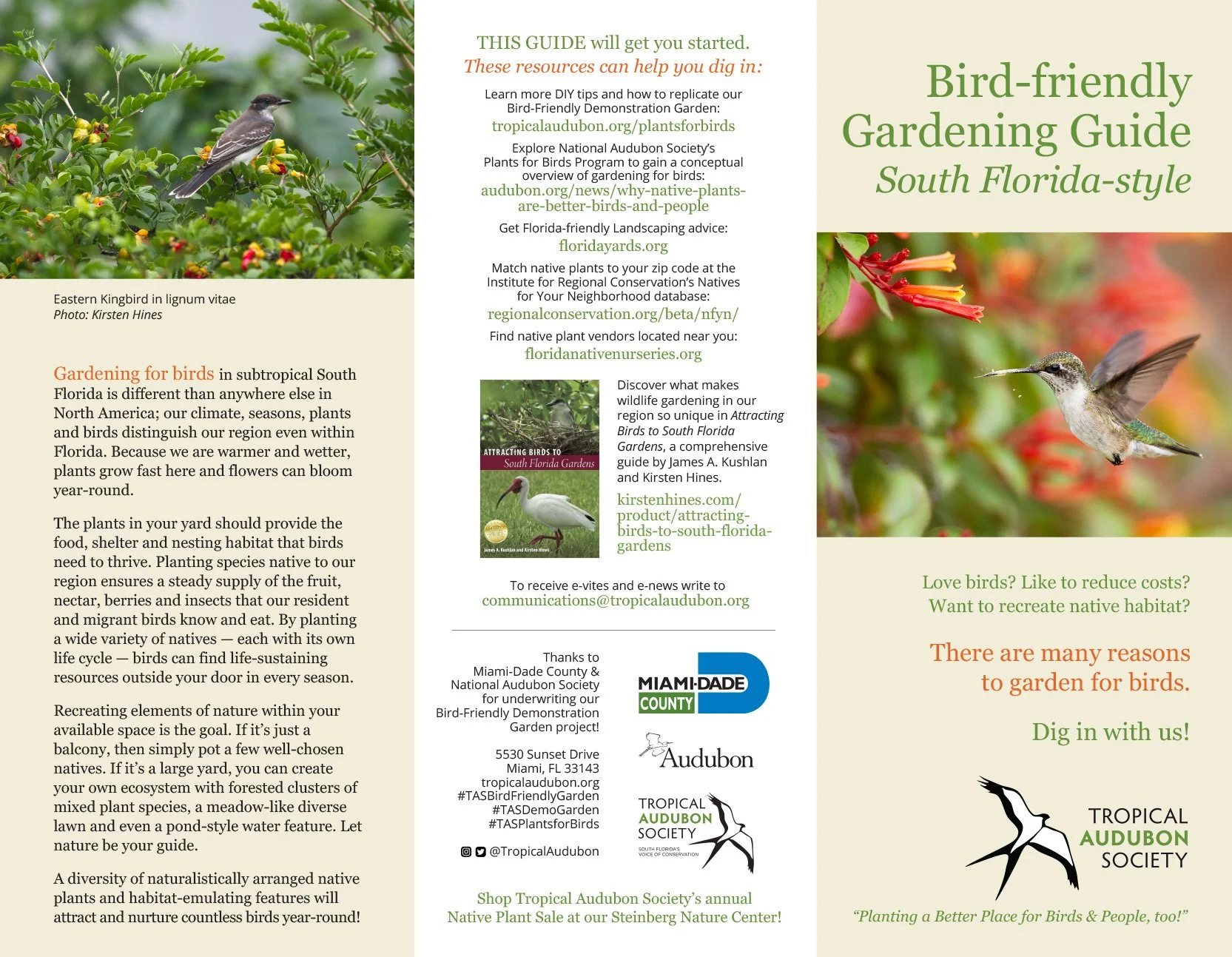 A bilingual South Florida-style bird-friendly gardening guide with images of a hummingbird and a Kingfisher, details about native plants, bird conservation, and resources for gardening to attract and support local bird species.
