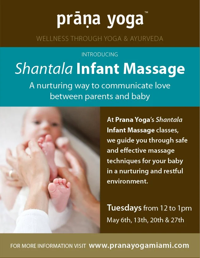 Design of a flyer for Prana Yoga introducing Shantala Infant Massage classes. Coral Gables, Florida.