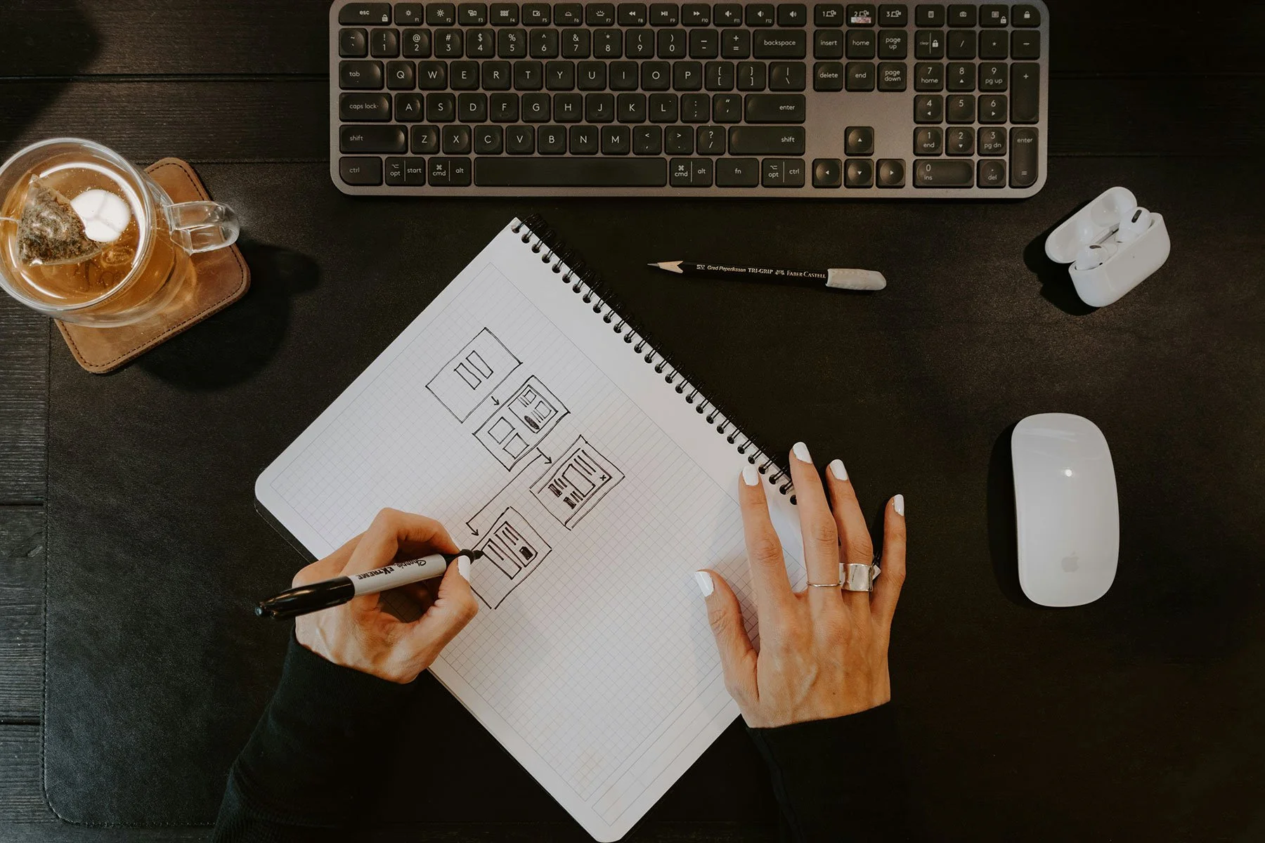 Overhead view of a workspace with a person drawing flowcharts in a notebook. The desk includes a computer keyboard, a white wireless mouse, a pair of wireless earbuds in their case, a glass of tea with a teabag, a mechanical pencil, and a hand with white nail polish and rings.