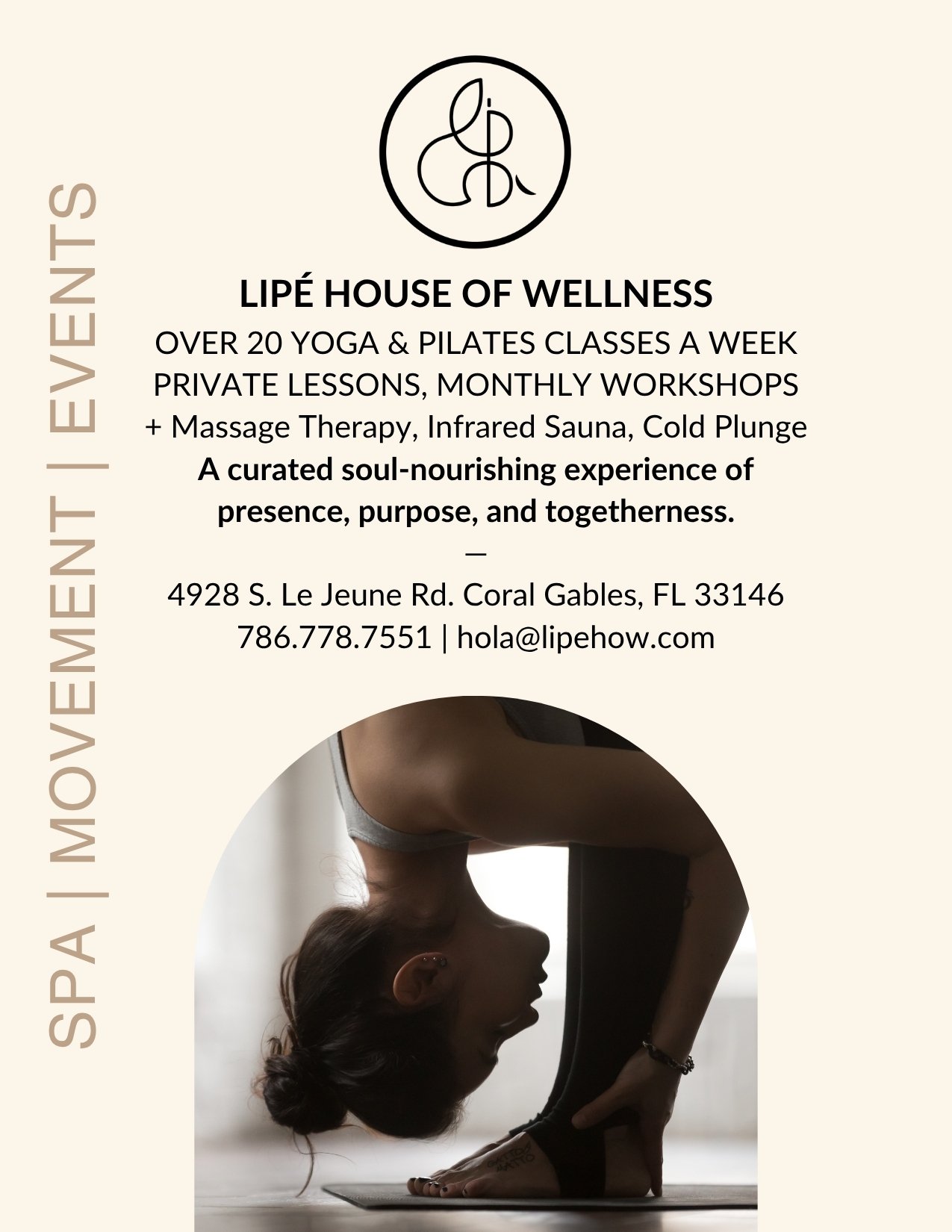 Business flyer for Lipé House of Wellness featuring services like yoga, Pilates, massage therapy, and herbalism.