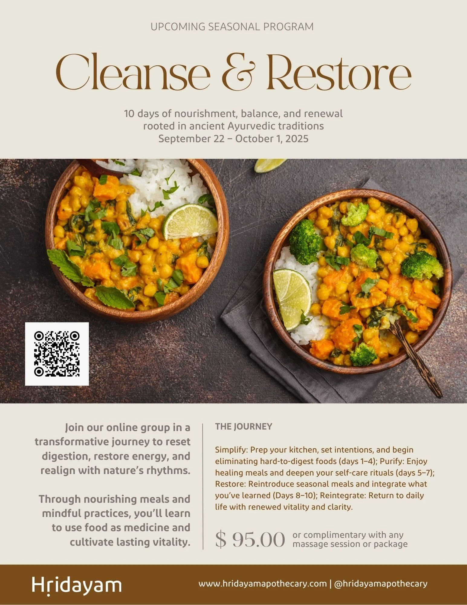 Flyer for an Ayurvedic program titled "Cleanse & Restore", Miami