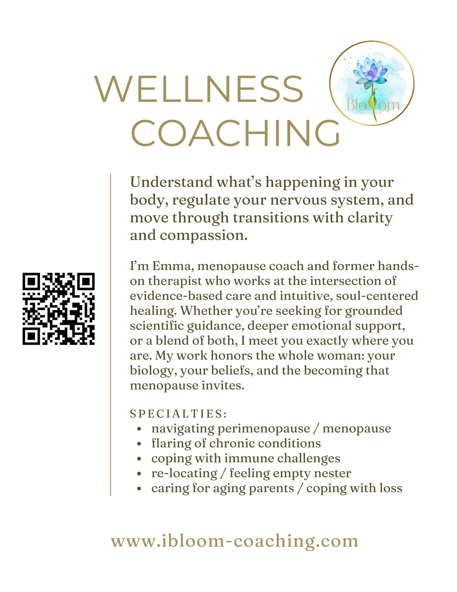 A flyer for Wellness Coaching by Bloom with information about the coaching services, specialties, and a website link www.ibloom-coaching.com.