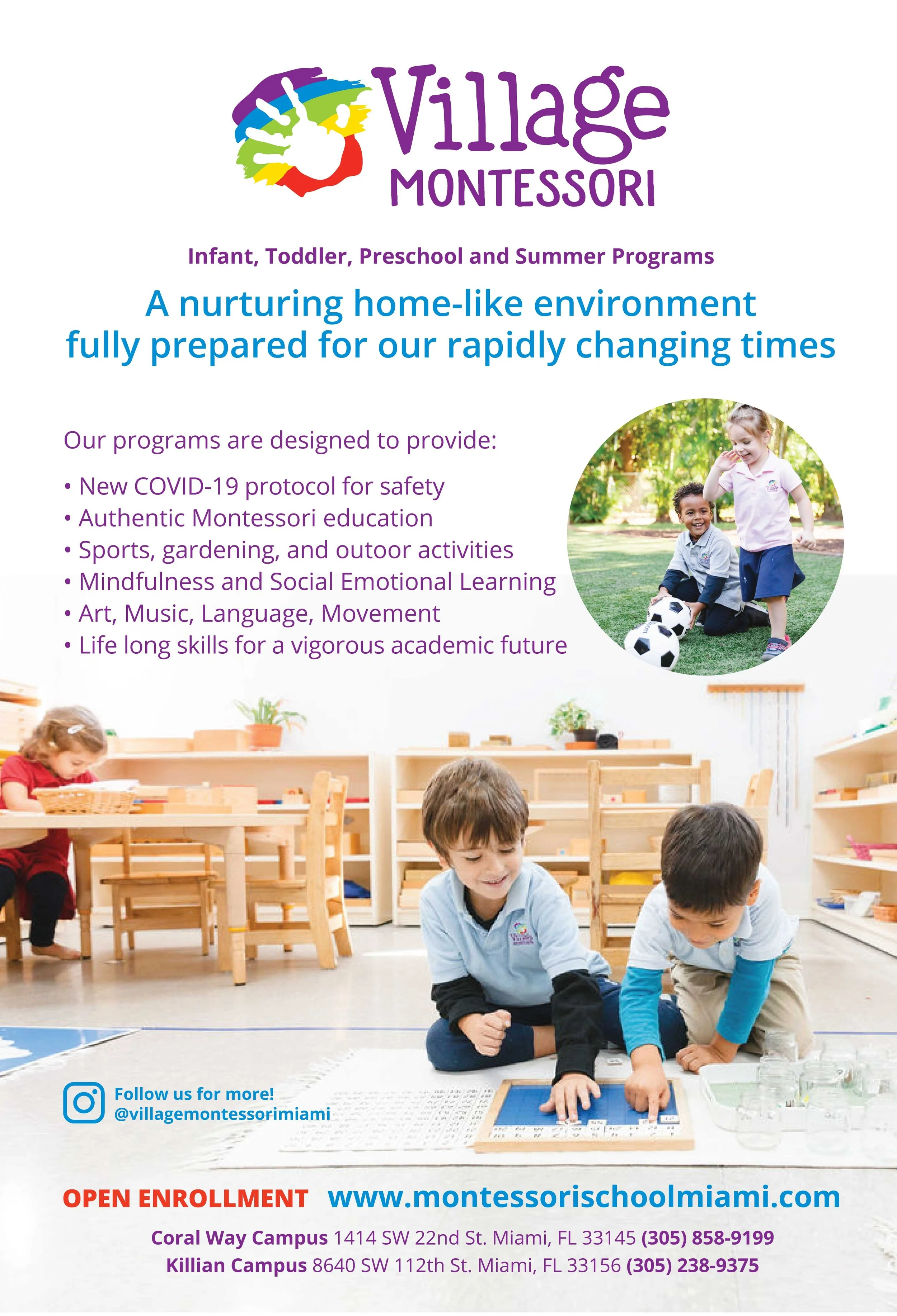 Backlit poster for Village Montessori at Village of Merrick Park communicating programs and enrollment information, Coral Gables, Florida.