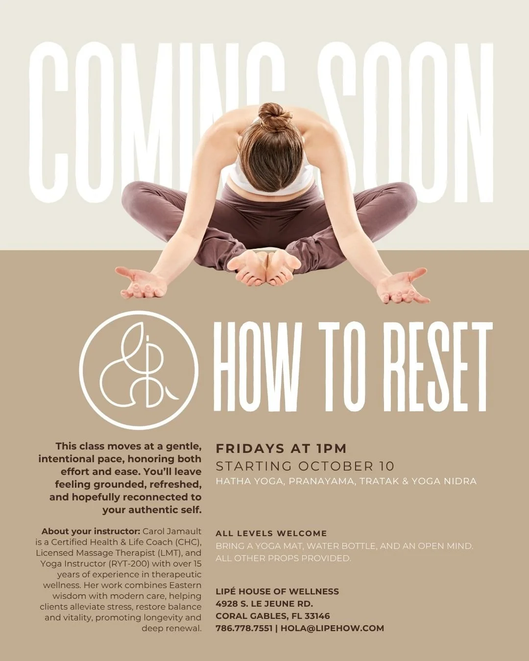 Poster advertising a yoga class titled "How to Reset" at Lipé House of Wellness, Miami.