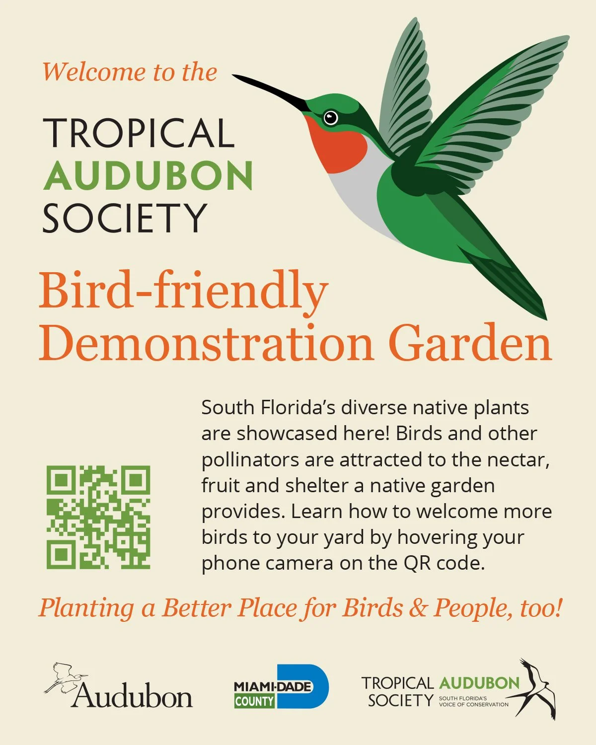 Flyer promoting a bird-friendly demonstration garden by the Tropical Audubon Society. Features a colorful cartoon hummingbird and text about native plants and attracting birds in South Florida.