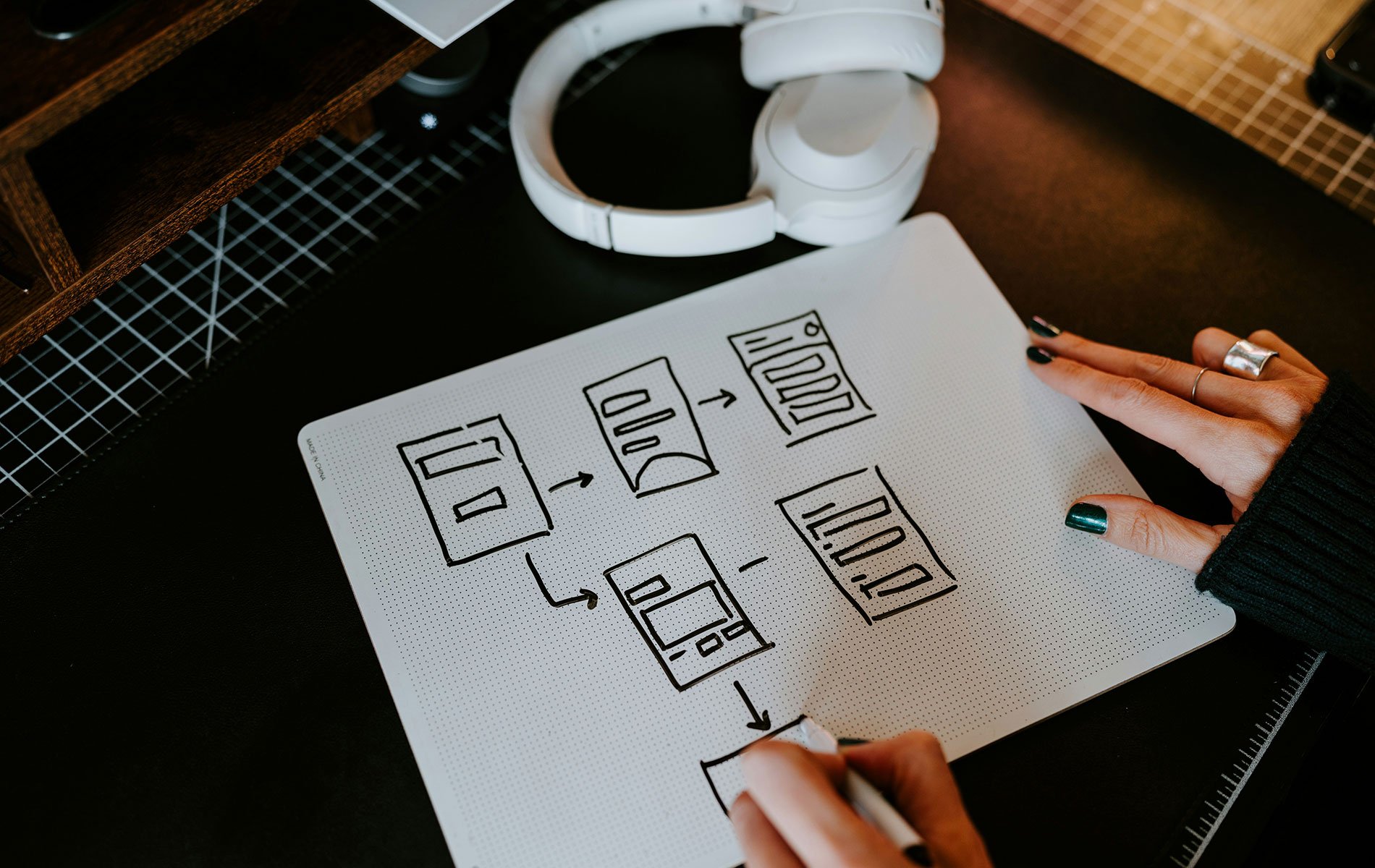 A person with black painted nails and a silver ring on their middle finger is drawing a diagram on dotted paper, which shows boxes connected by arrows, on a black desk. There are white headphones and a wooden shelf above.