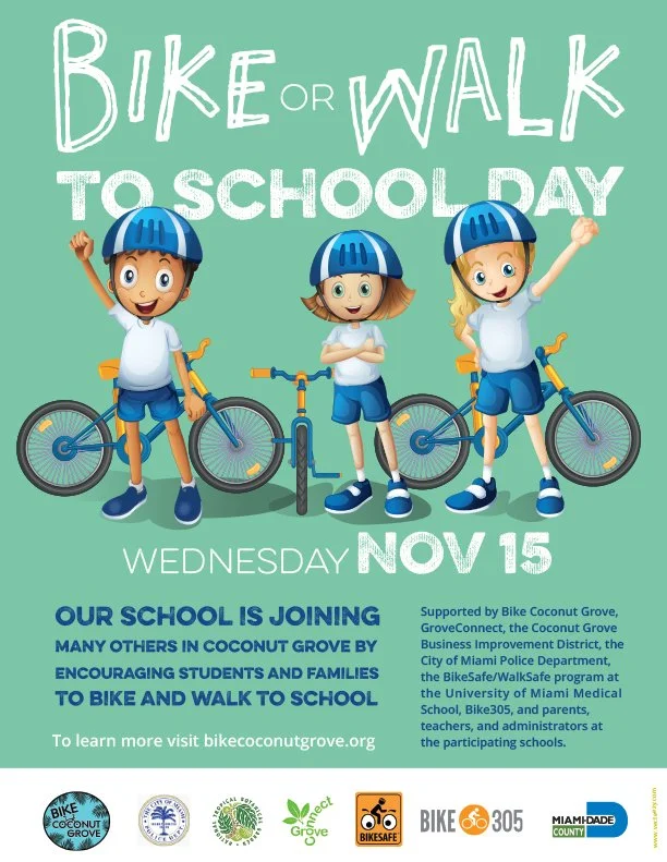 Promotional poster for 'Bike or Walk to School Day' encouraging students and families to bike and walk to school in Coconut Grove, Miami.