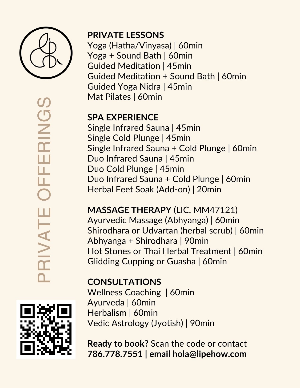 A spa and wellness center menu listing private yoga lessons, spa experiences, massage therapy, and consultations. Includes durations and contact information with QR codes.