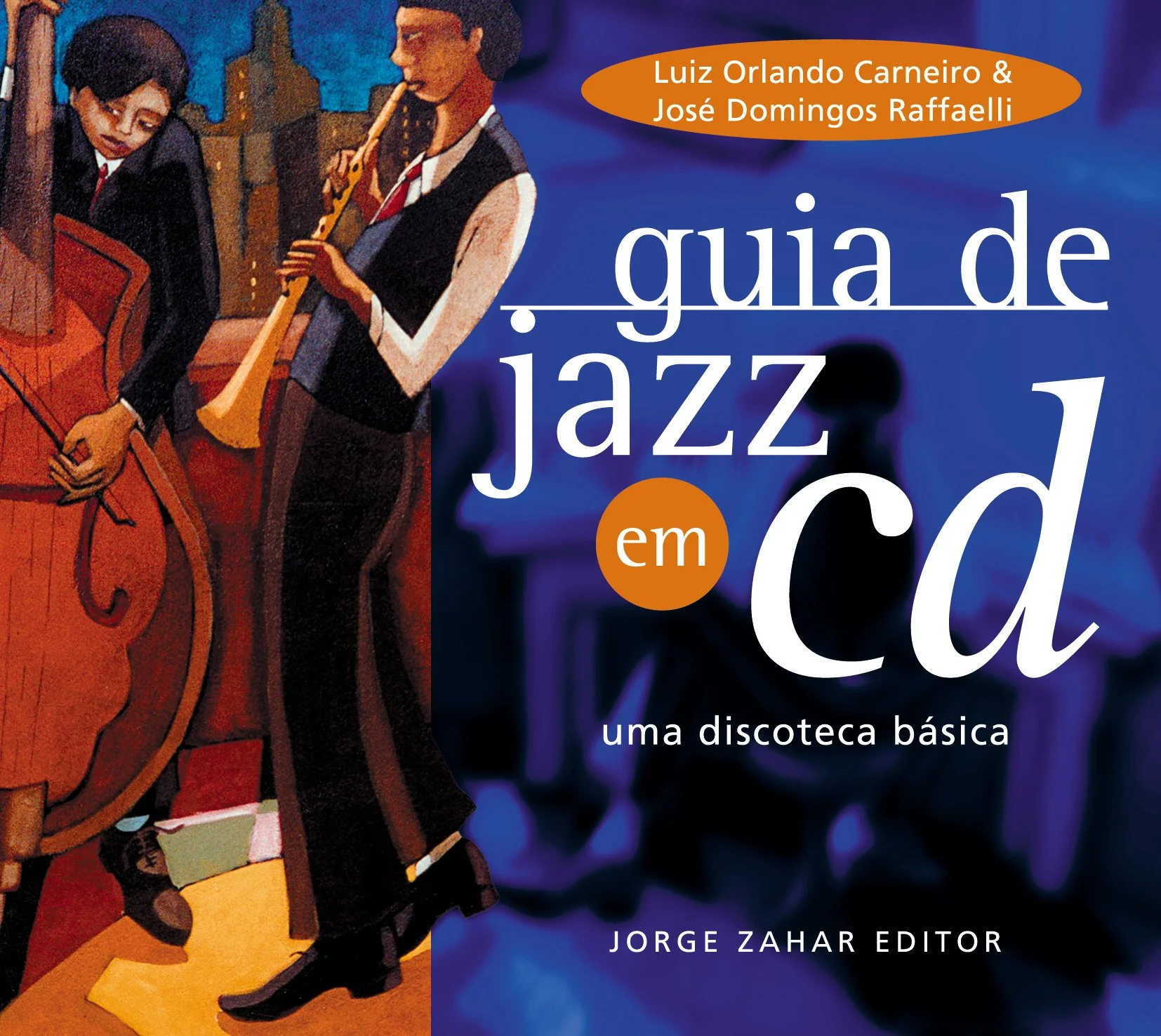 Book cover titled 'guia de jazz em c4' with an illustration of two boys playing musical instruments, one with a violin and the other with a clarinet, in a jazz club setting.