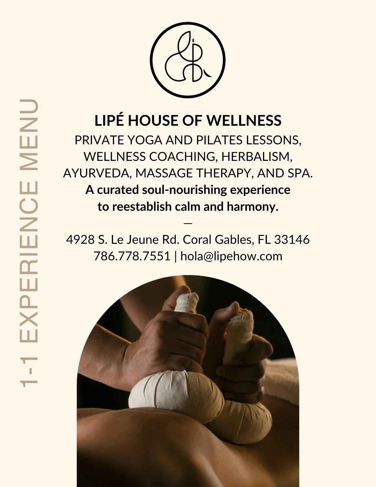 Business flyer for Lipé House of Wellness featuring services like yoga, Pilates, massage therapy, and herbalism.