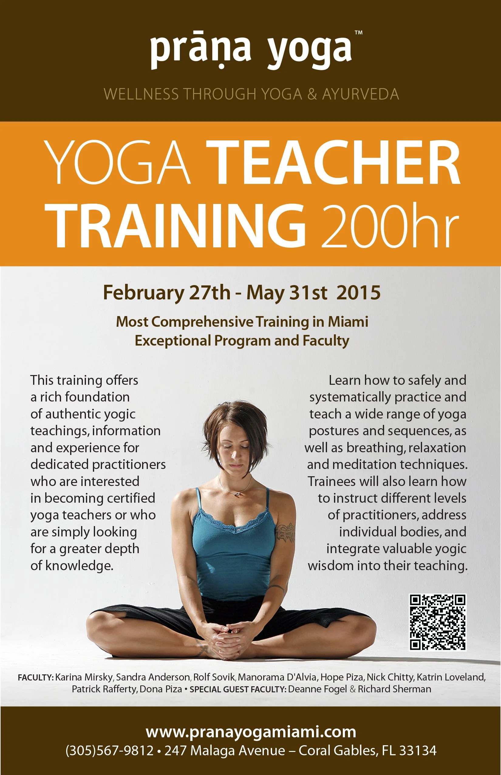 Poster advertising a yoga teacher training program by Prana Yoga, Miami.