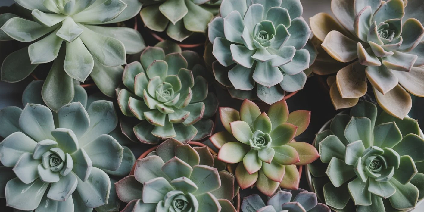Close-up of various green and purple succulents with fleshy leaves arranged in rosette shapes.