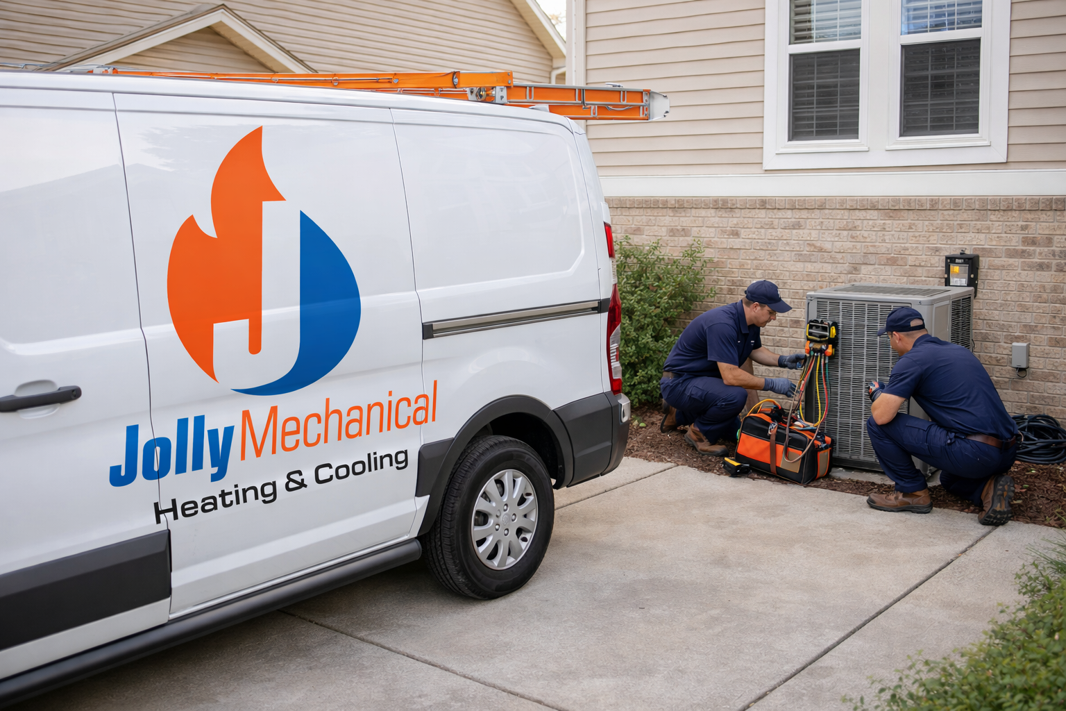 A technician in a blue uniform and cap inspecting large metal HVAC ductwork in a building ceiling.