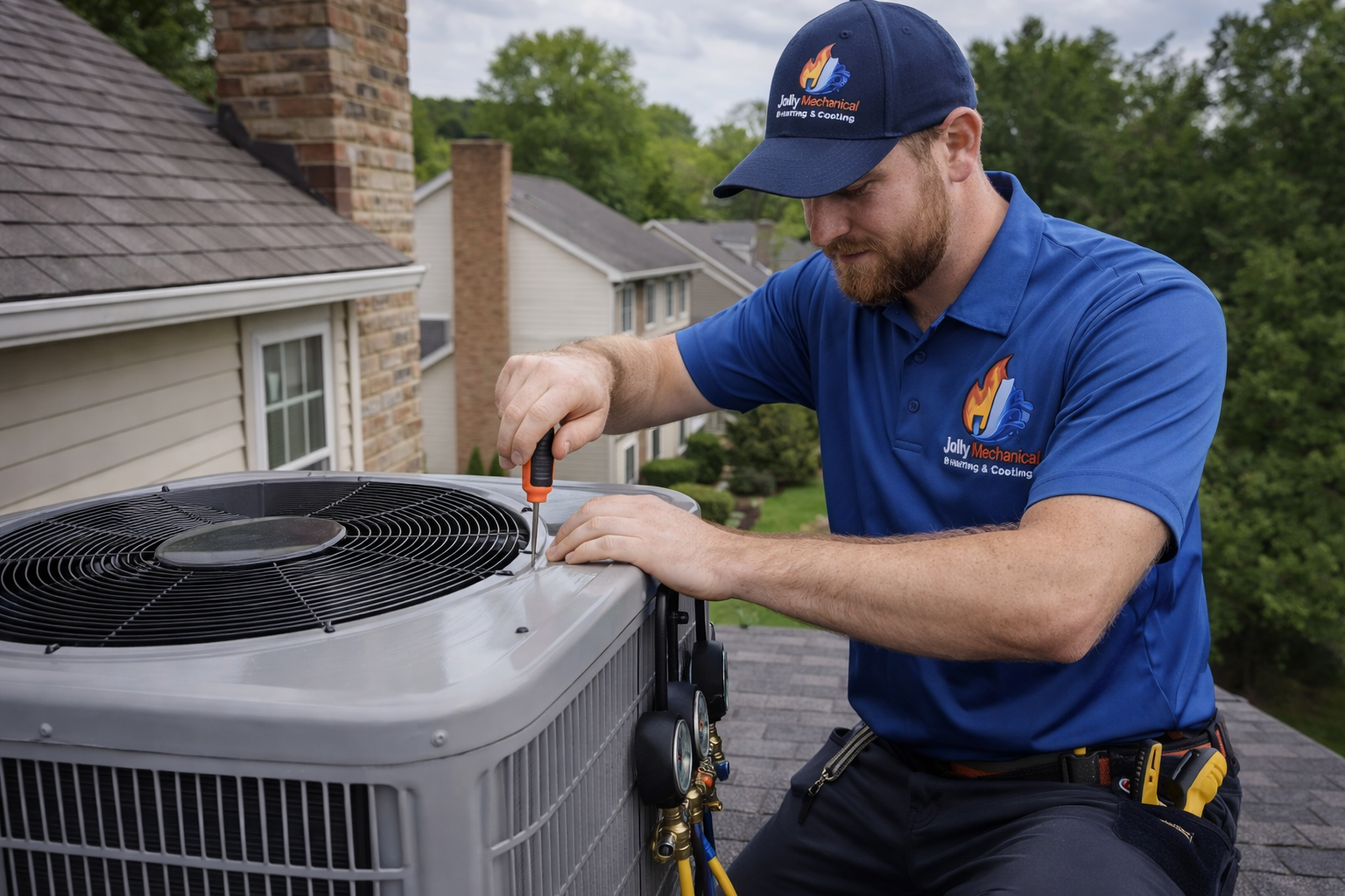 Technician working on a large outdoor air conditioning unit outside a house with white siding, next to a garden with flowers and tall grass.